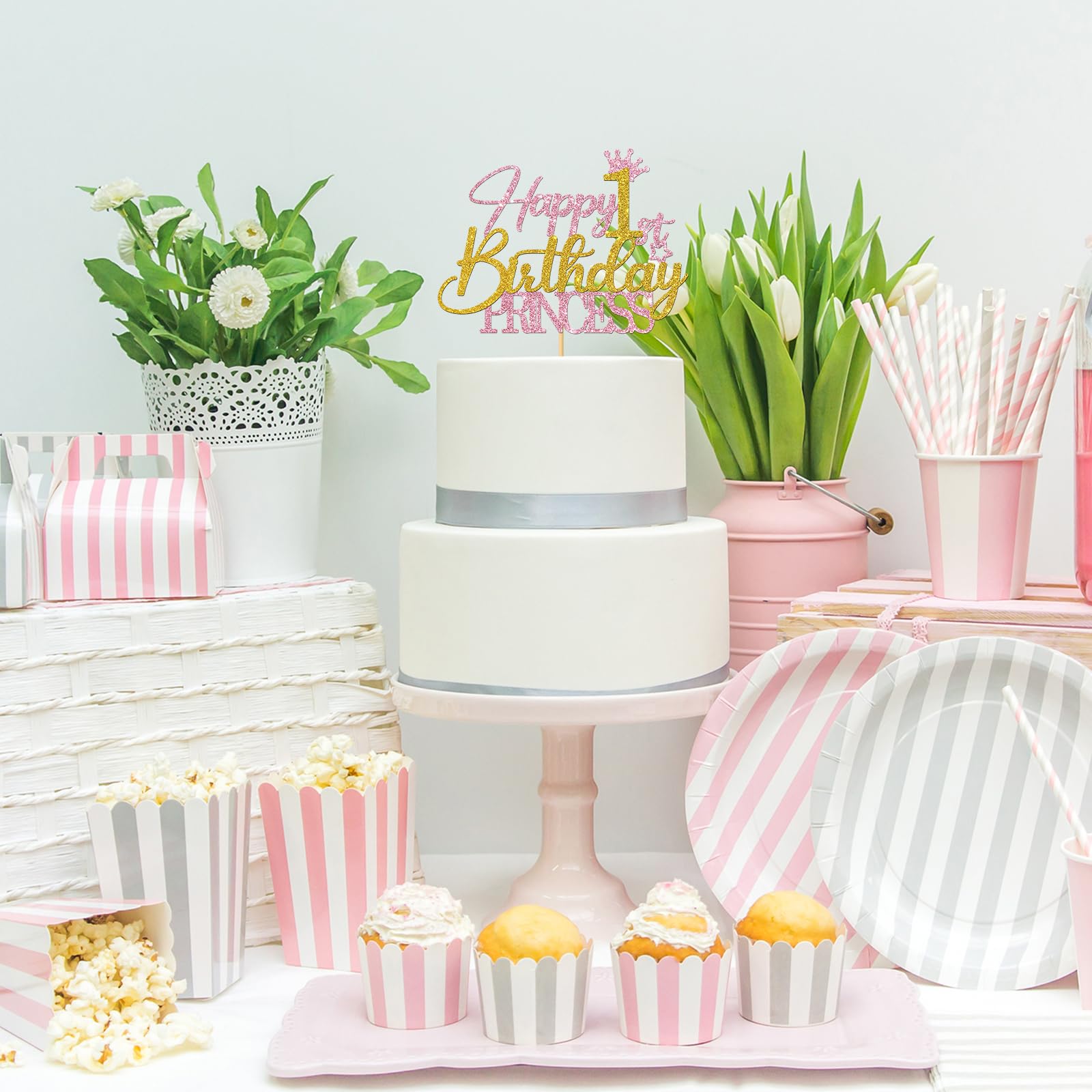 Happy 1st Birthday Cake Topper for Girls - Pink & Gold Glitter Princess Cake Decorations - Baby Girl One Year Old Party Supplies - Perfect for Birthday Cakes, Cupcakes & Dessert Tables