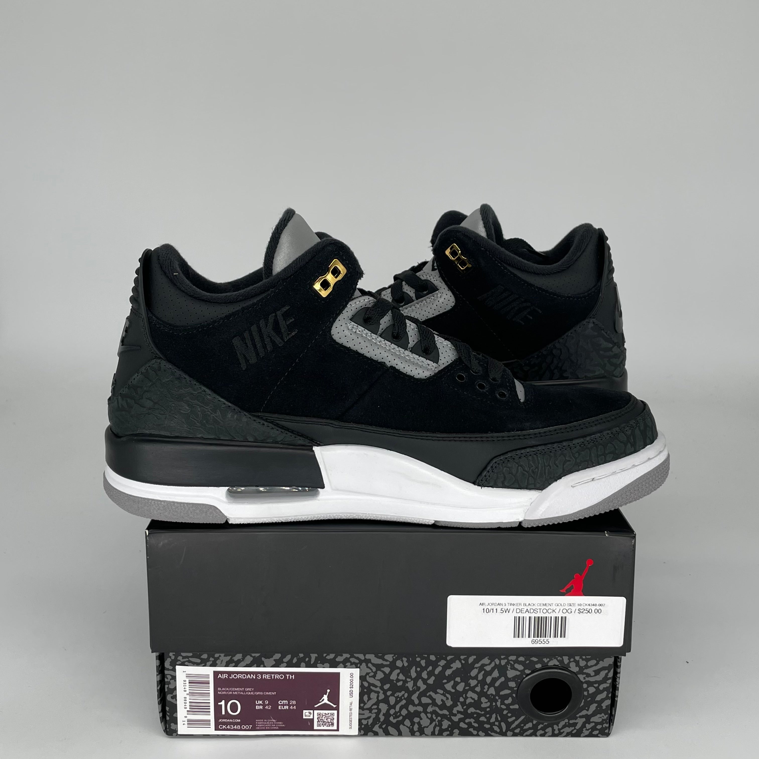 Original Air Jordan 3 Tinker Black Cement Gold Men's Basketball Shoes Size 10 CK4348-007 - Retro Sneakers for Streetwear & Casual Outfits