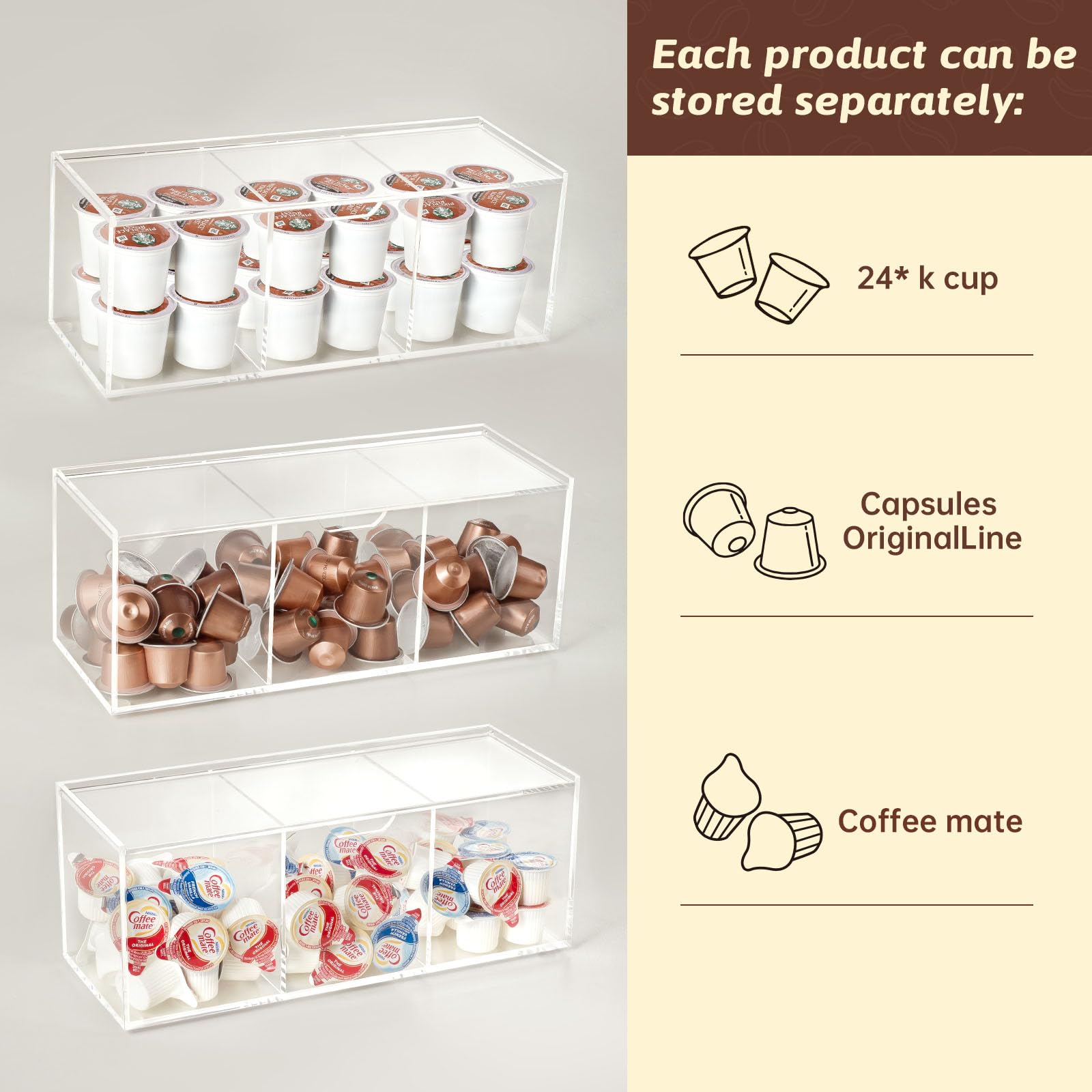 BEYGORM Clear Acrylic Coffee Pod Holder with Lid - 24 K-Cup Storage Organizer, 3 Compartment Coffee Bar Station for Keurig Pods & Creamers | Perfect for Kitchen Countertop & Office Coffee Station Organization