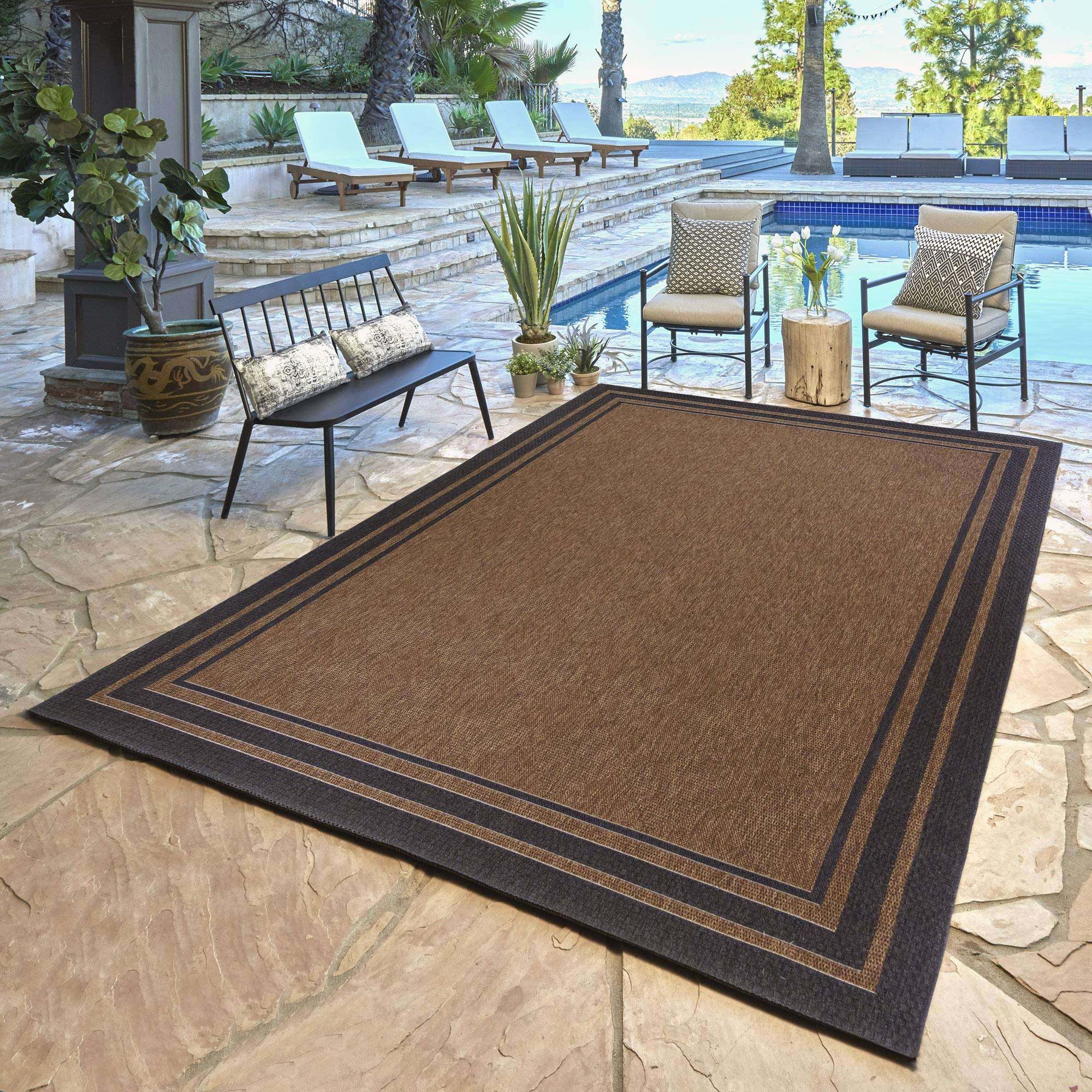 Gertmenian 22352 5x8 Outdoor Patio Rug - Luxury Triple Border Black Brown Carpet for Porch, Deck & Garden - Waterproof & Durable for All Weather Use