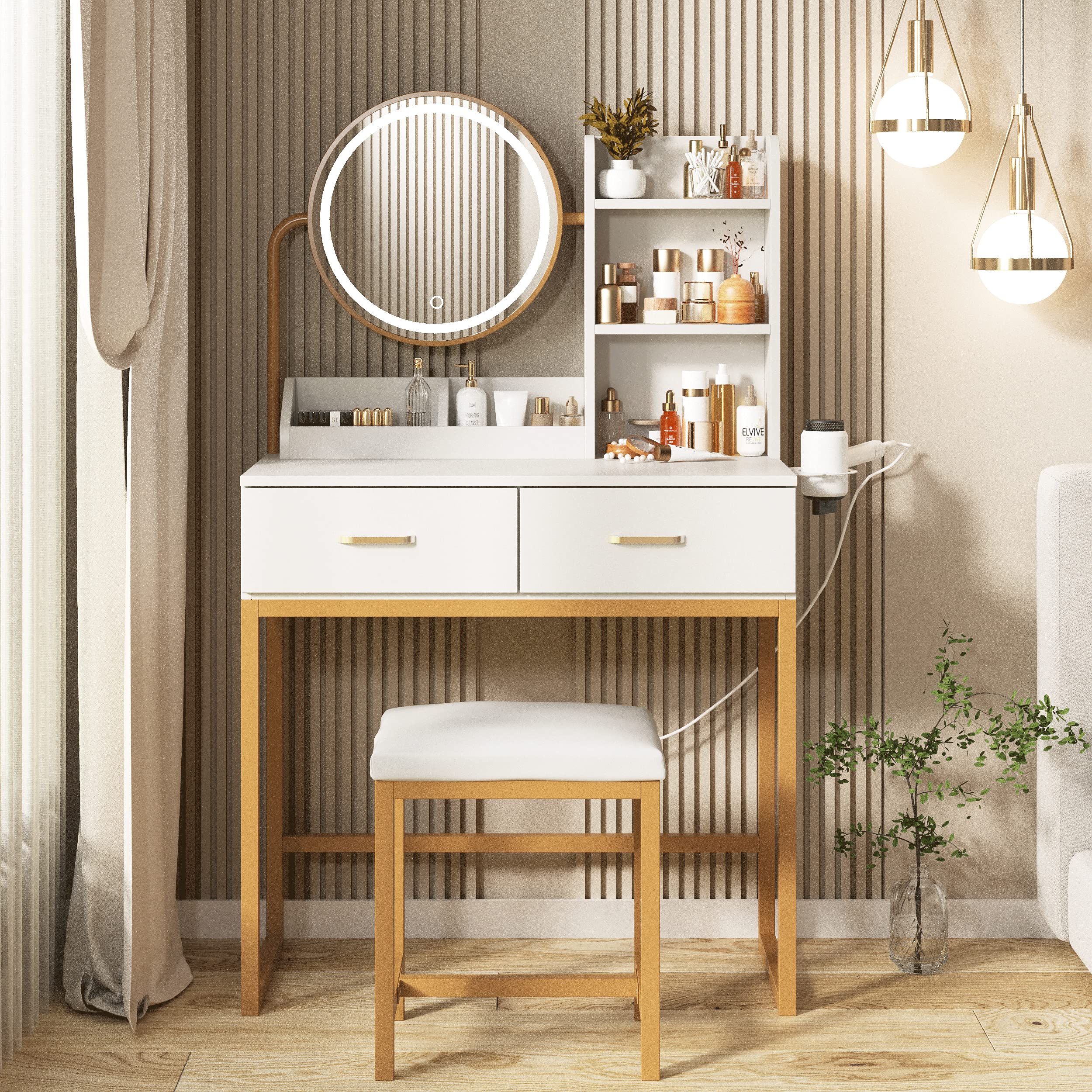 White Makeup Vanity Desk with Round Mirror & LED Lights - 3 Lighting Modes, Spacious Storage, 31.5