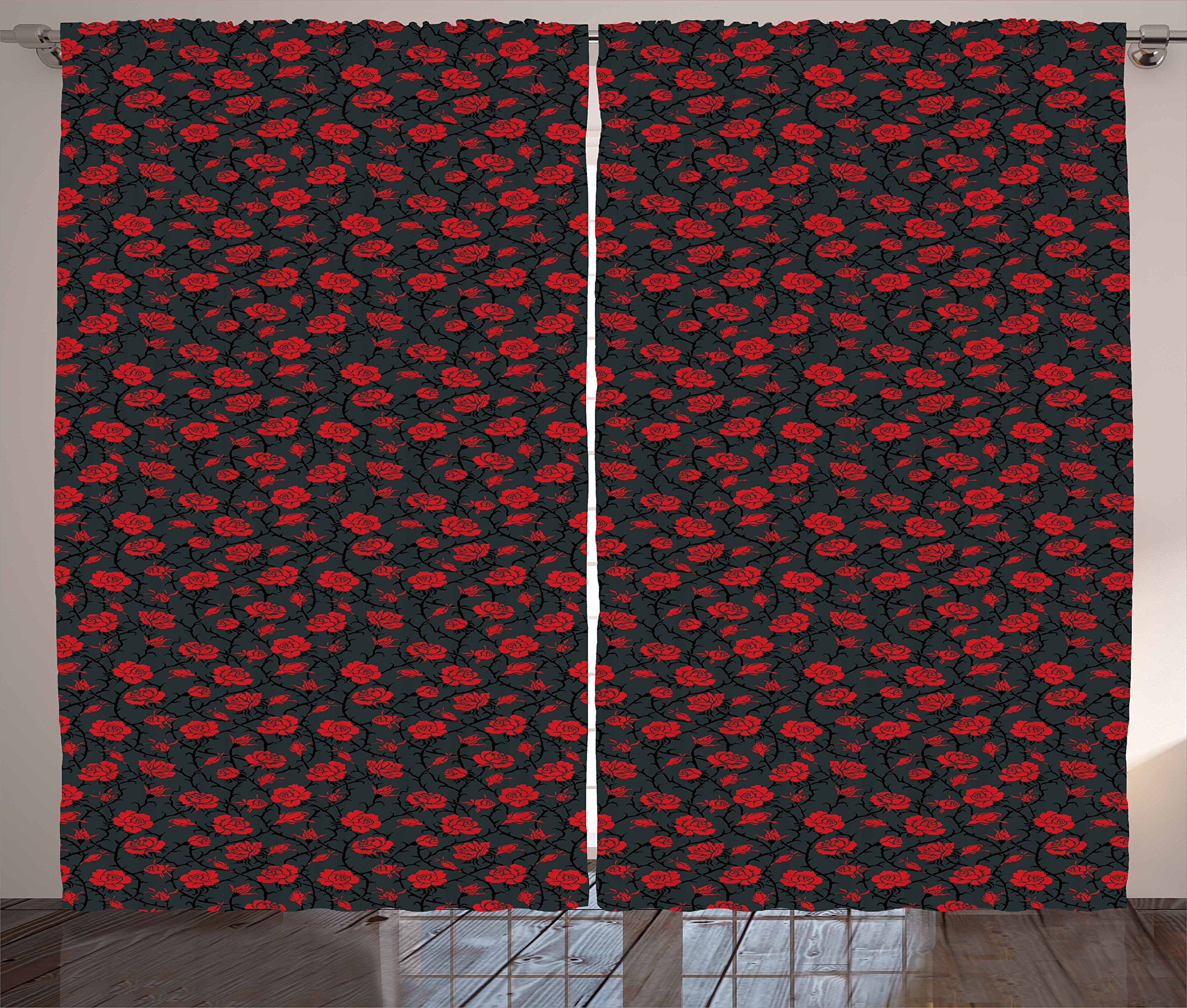 Ambesonne Red and Black Curtains - Vintage Roses Victorian Art Window Drapes for Living Room & Bedroom - 2 Panel Set 108x63 Inches Charcoal Grey - Perfect for Home Decor, Romantic Ambiance & Privacy