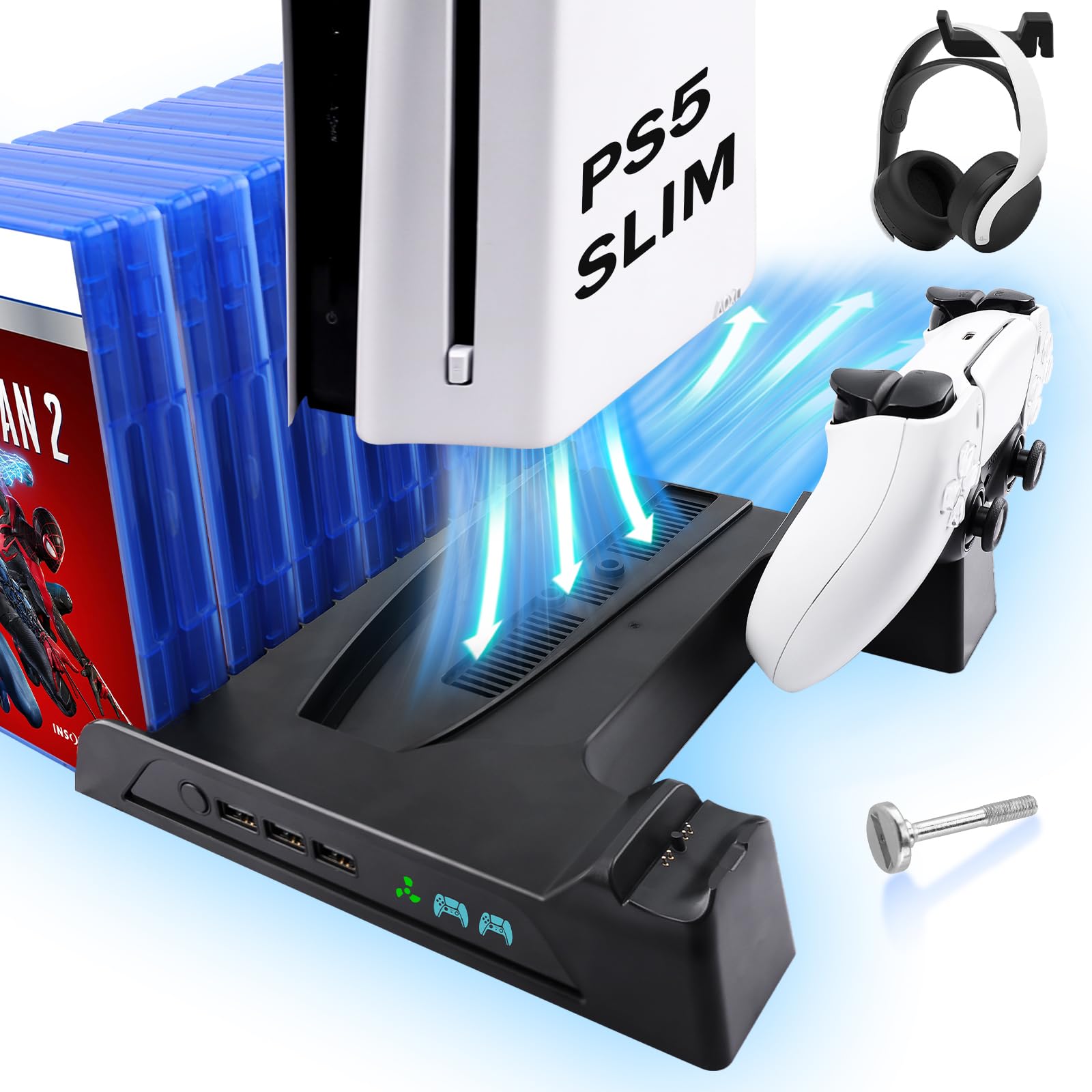 SIKEMAY PS5 Slim Stand Cooling Station with Dual Controller Charger - Vertical Stand for PlayStation 5 Slim with 2H Fast Charging, Silent Cooling Fan, 3 USB Hub, 14 Game Storage & 2 Headset Holder - Perfect for Gaming Setup & Accessories Organization (Black)