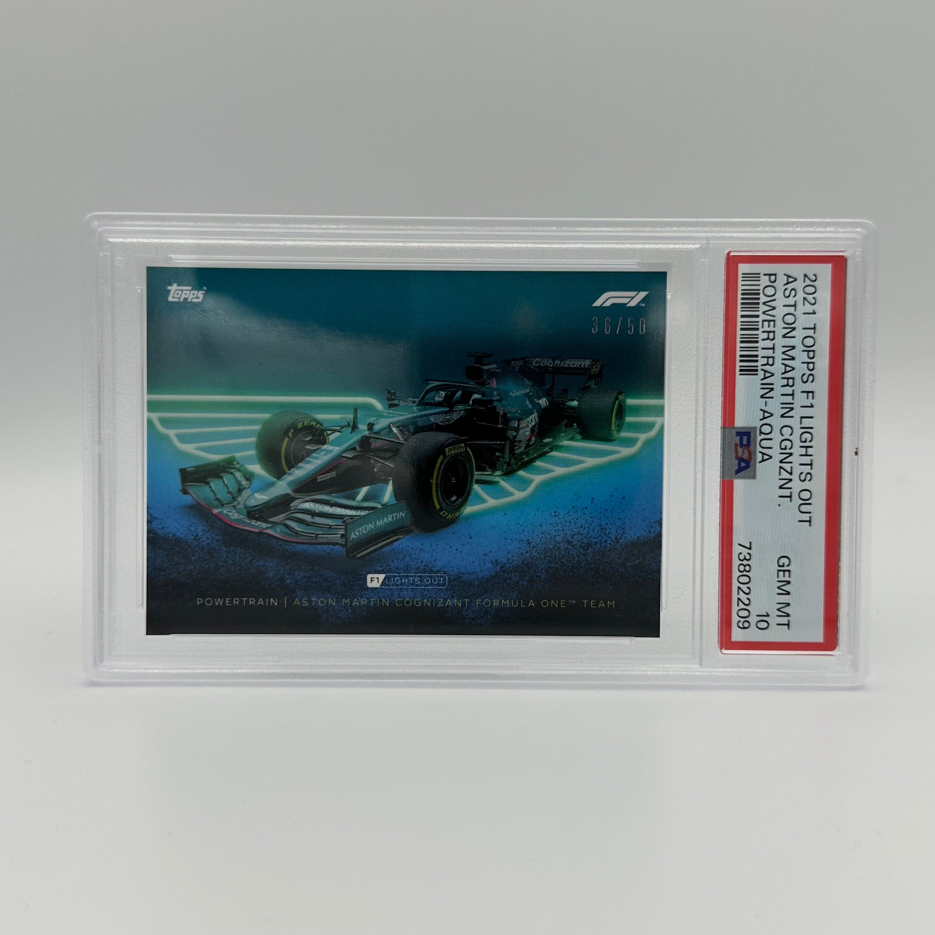PSA 10 Graded 36/50 Aston Martin Cognizant F1 Team PowerTrain Aqua Trading Card - Rare Collectible for Formula 1 Fans & Sports Memorabilia Enthusiasts