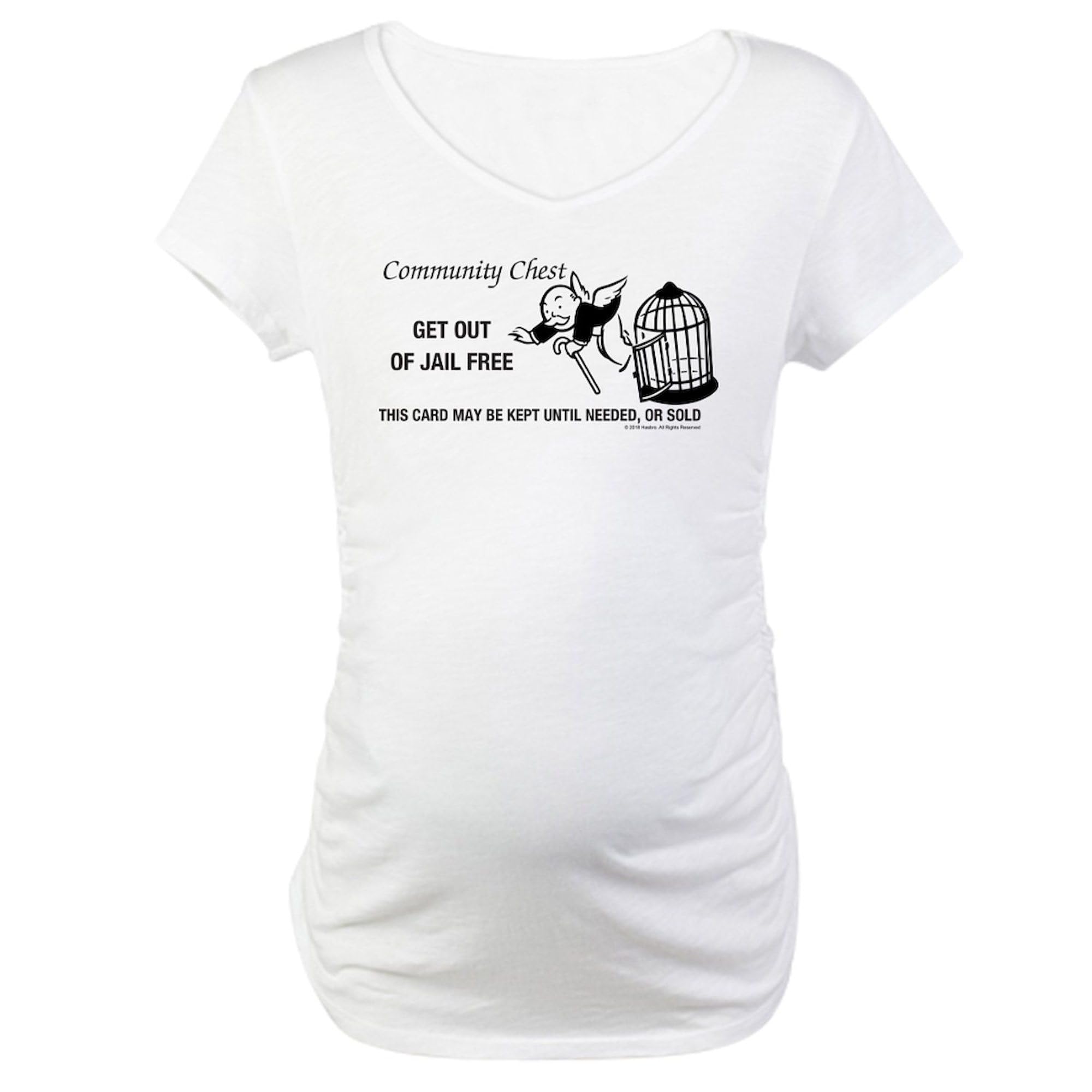 Monopoly Get Out of Jail Free Maternity T-Shirt for Women - Stretchable Ruched Side Design for Pregnancy Comfort - Perfect for Baby Showers, Maternity Photos & Casual Wear