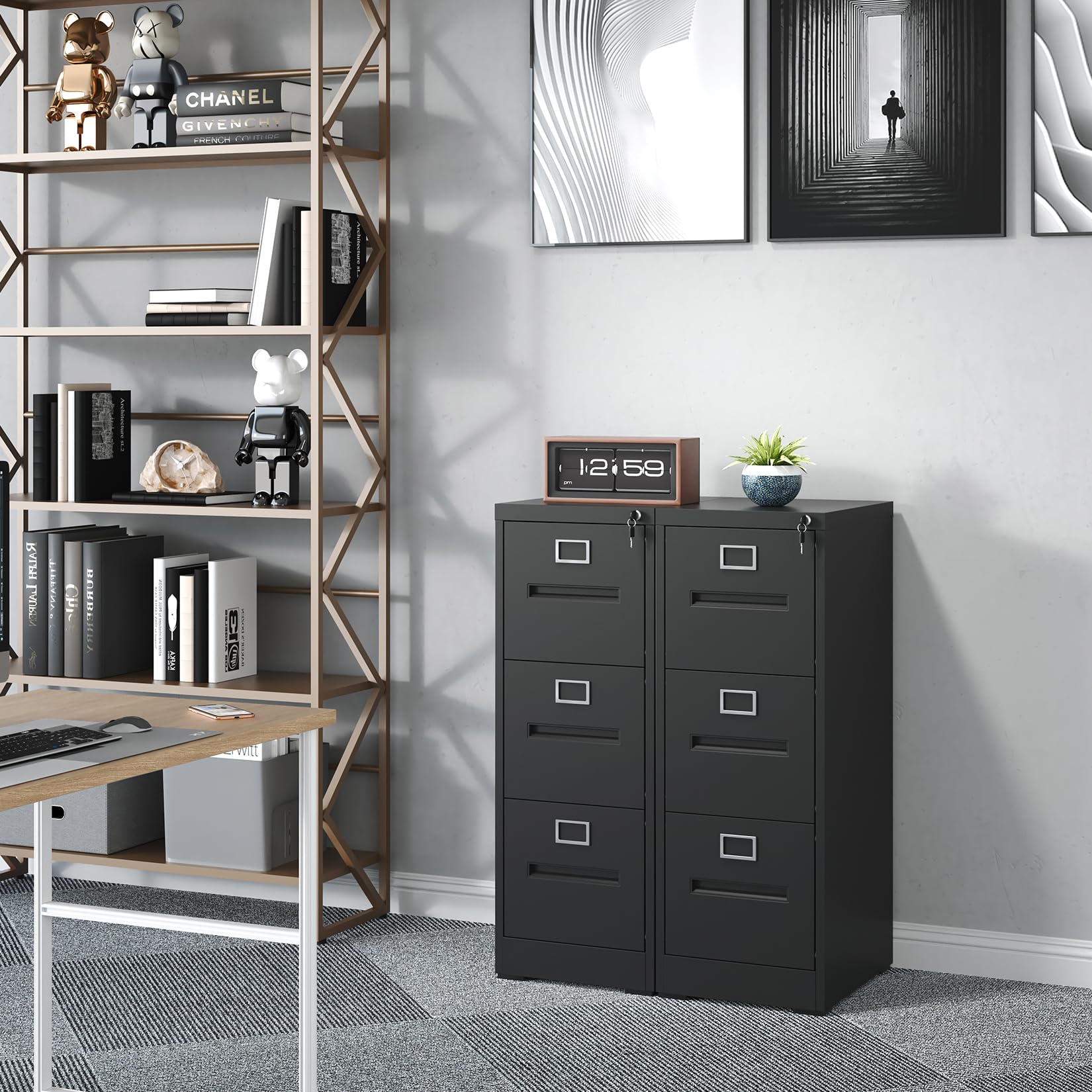3 Drawer Black Metal File Cabinet - Locking Vertical Filing Cabinet for Legal, Letter, A4 & F4 Documents - Easy Assembly for Home Office & Workspace Organization (Black)
