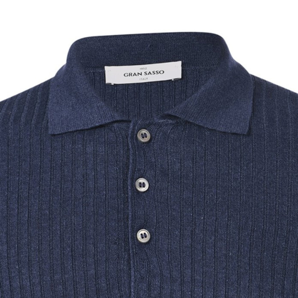 GRAN SASSO Men's Cotton Linen Ribbed Polo Shirt - Navy Blue Casual Slim Fit Button Down Collar Shirt for Business Casual & Summer Outings