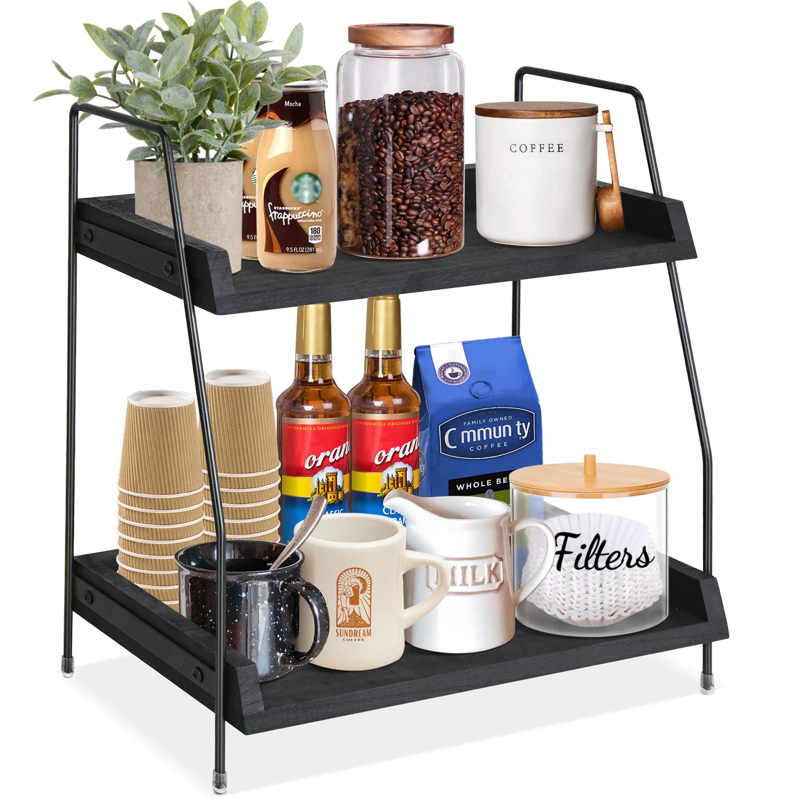 Premium Coffee Bar Organizer - Countertop Kitchen Shelf for Coffee Station, Condiment Storage & Cup Lid Holder | Multi-Purpose for Kitchen, Bathroom & Office (Black)