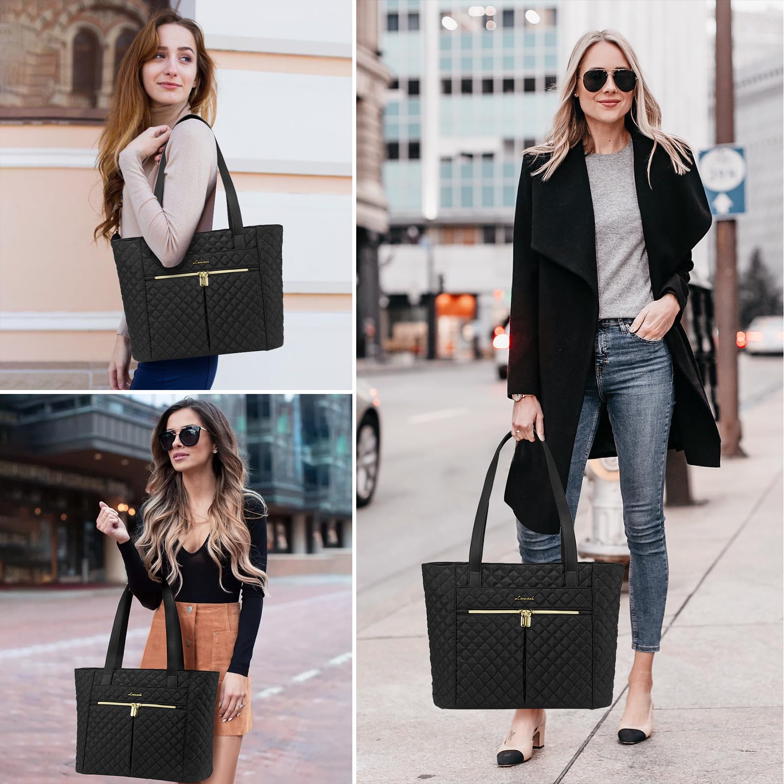 LOVEVOOK 17 Inch Diamond Quilted Laptop Tote Bag for Women - Stylish Work & Travel Computer Shoulder Bag, Professional Briefcase & Handbag with Clutch Purse (Black) - Perfect for Office, Business Trips & Daily Commute