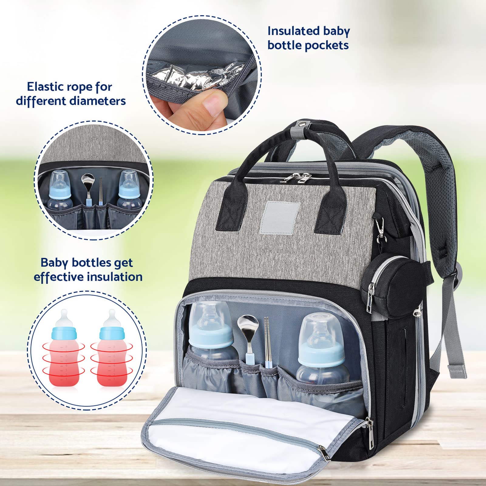 **Large Expandable Diaper Backpack for Moms - Multifunctional Travel Baby Bag with High Capacity, Waterproof & Stylish (Grayish Black) - Perfect for Day Trips, Air Travel & Baby Essentials Organization**