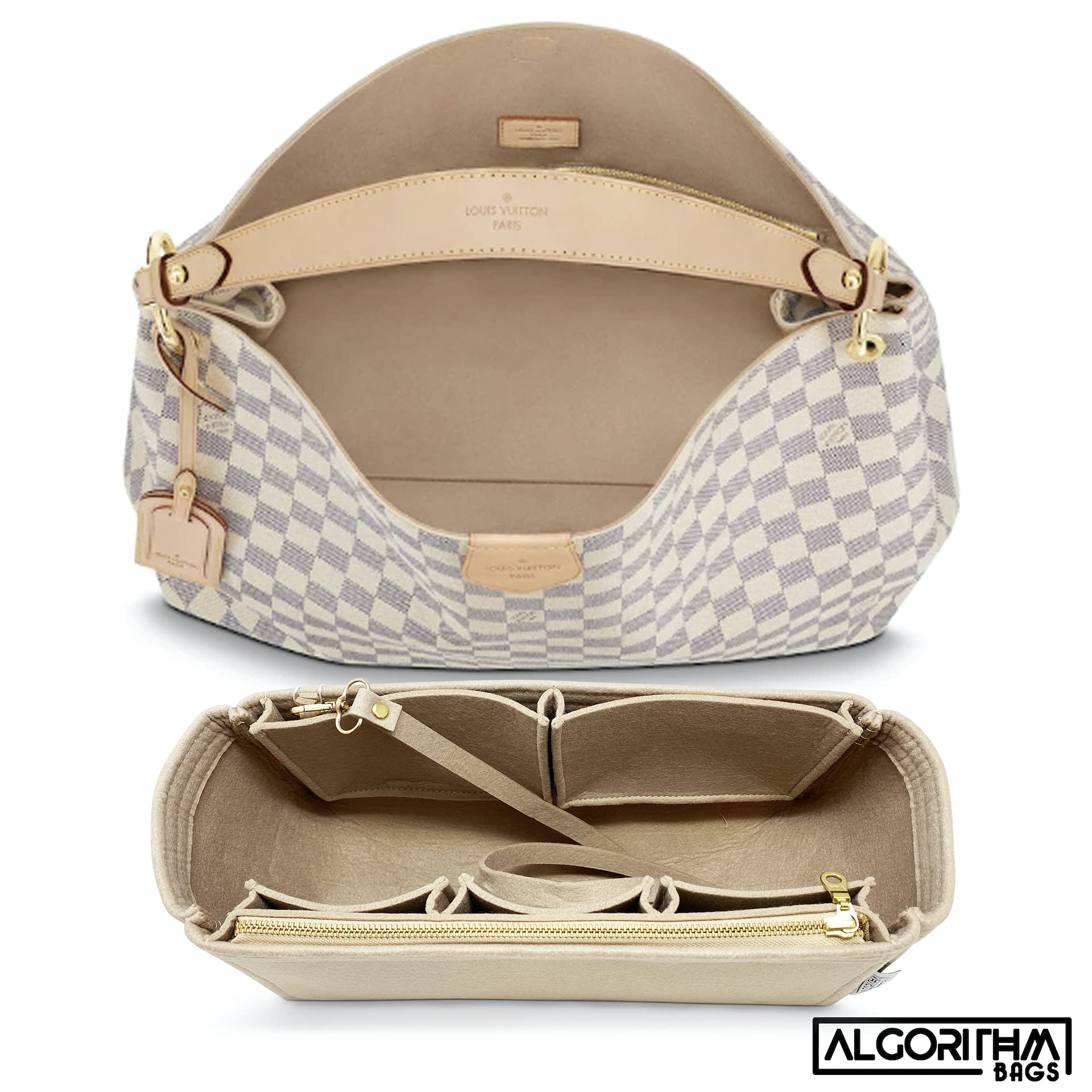 LV Graceful MM Purse Organizer Insert with Zippers - 3mm Felt Shaper Liner & Divider Protector (Tan) | Perfect for Louis Vuitton Handbags | Keep Essentials Organized On-the-Go