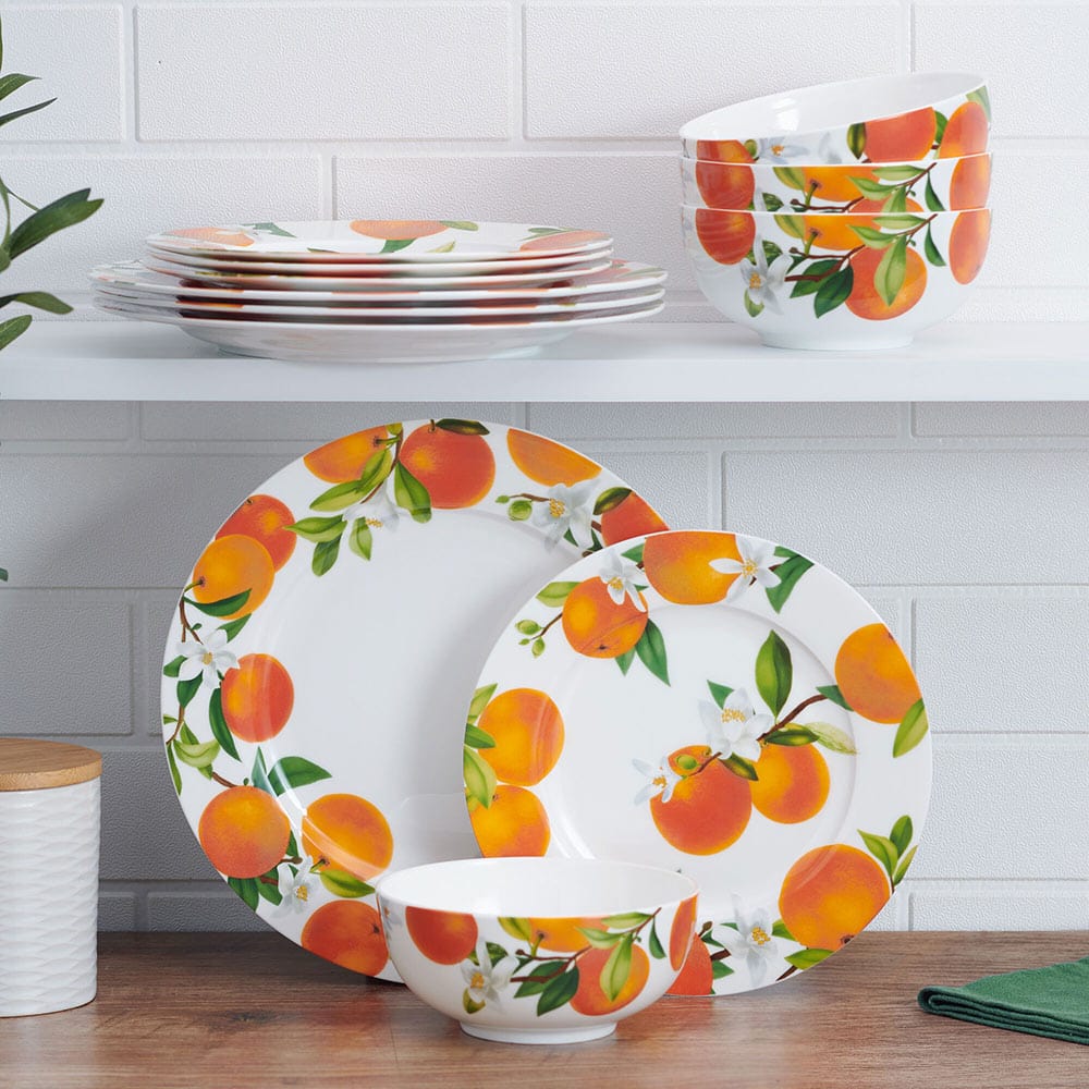 12-Piece Mandarin Dinnerware Set - Service for 4 - Elegant Porcelain Tableware for Family Dinners, Parties & Holiday Entertaining