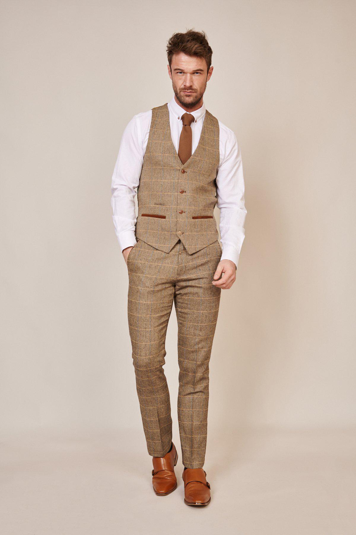 Lukasz Fabianski Style TED Tan Tweed Check Three Piece Suit | Premium Wool Blend Men's Formal Suit | Perfect for Weddings, Business Meetings & Special Occasions