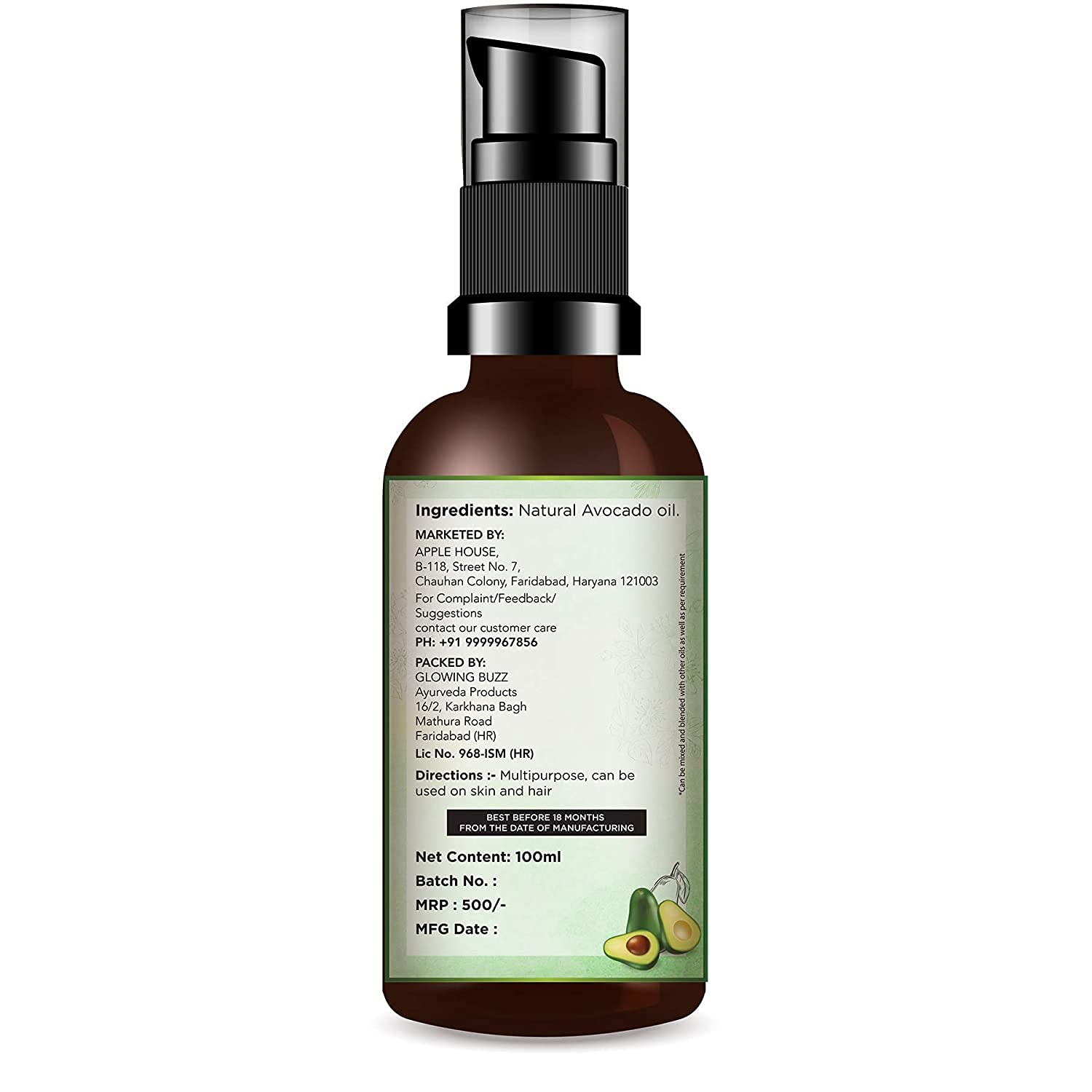 100% Pure Natural Avocado Oil for Hair, Skin & Face Care | Organic Moisturizing & Stress Relief Massage Oil for Women & Men (50ml) | Perfect for Daily Skincare Routine, Hair Treatment & Relaxing Spa Massage