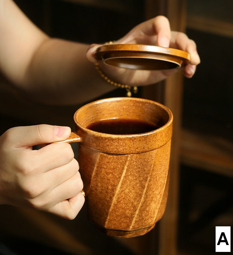 Handmade Ceramic Coffee Mug Set - Large Modern Pottery Tea Cup with Lid, Unique Brown Green Blue Black Colors, Perfect for Home Office & Gifts