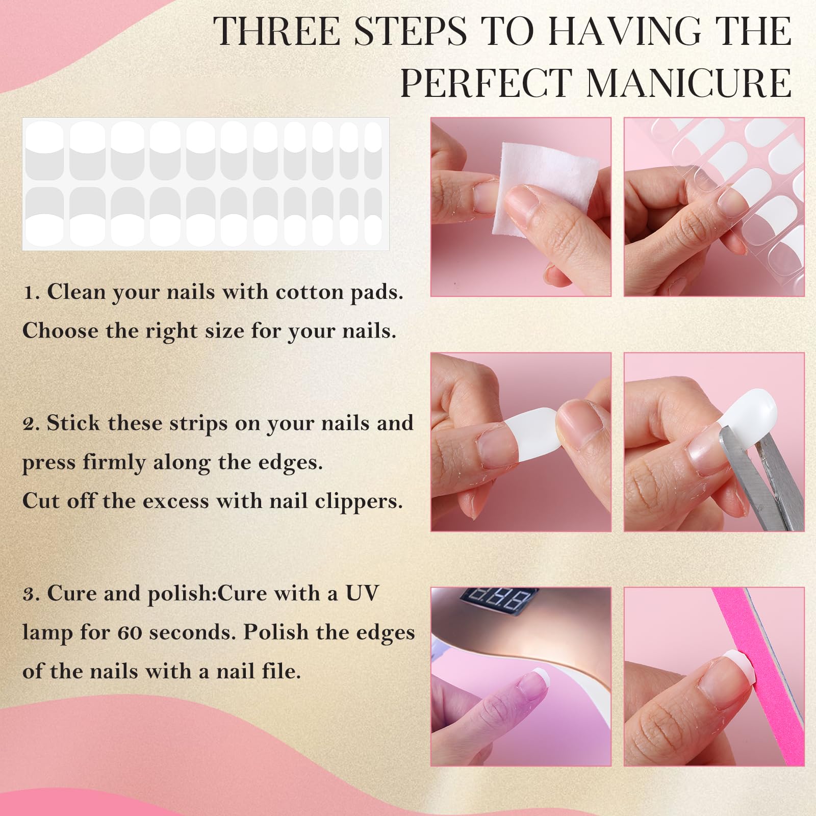 20 Pcs French Tip Gel Nail Strips - Semi Cured UV Gel Nail Stickers for DIY Manicure at Home or Salon | Easy Nail Art Design for Women & Girls