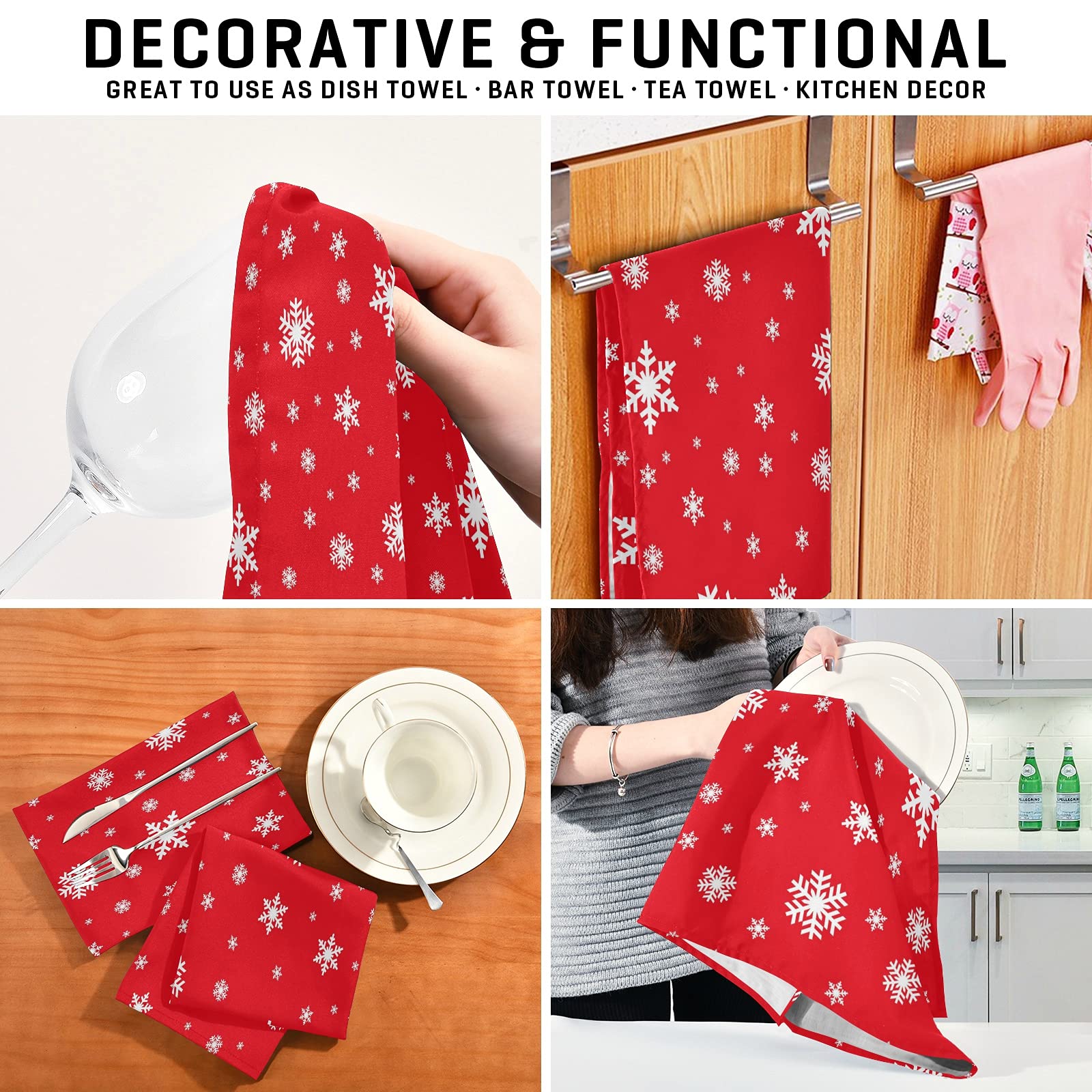 ALAZA Christmas Snowflake Red & White Kitchen Towels - 1 Pack Super Absorbent Soft Dish Bar Tea Towels (18x28 inches) - Perfect for Holiday Decor, Dish Drying & Gift Giving