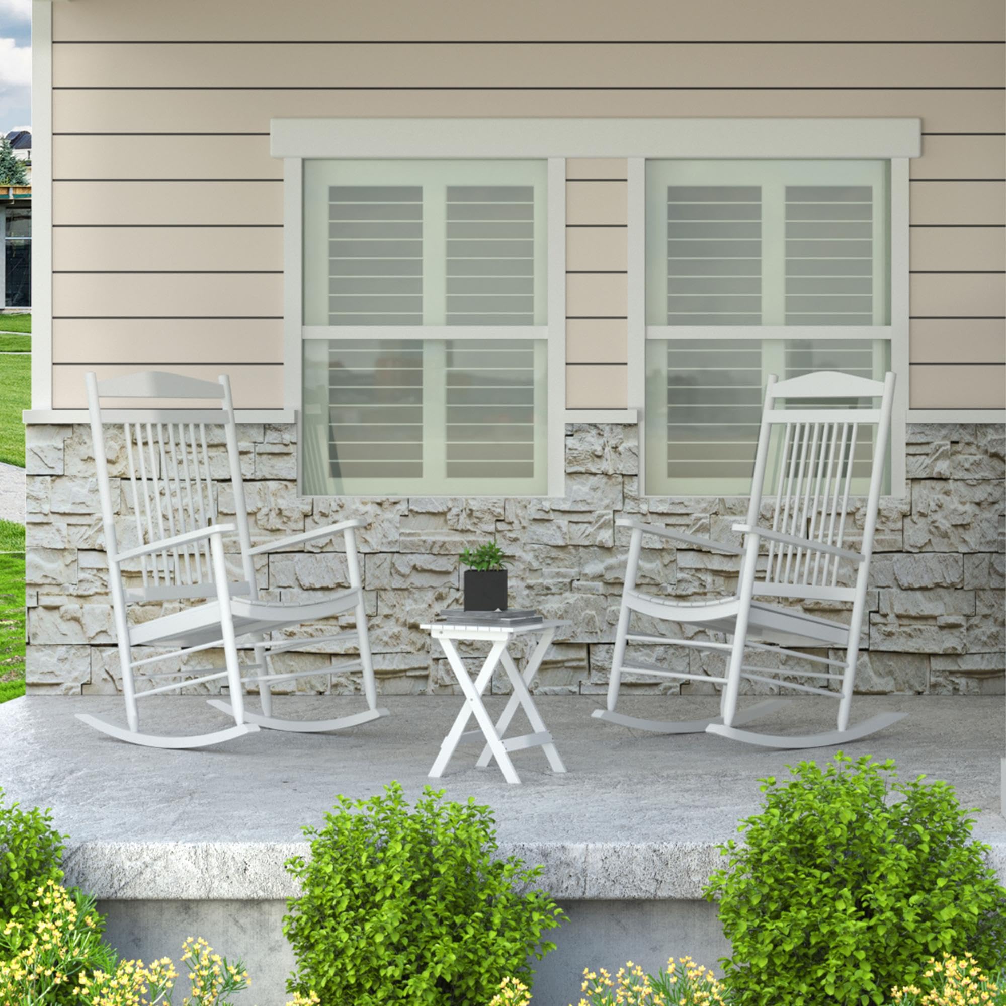 MUPATER 3-Piece Outdoor Rocking Chair Set with Bistro Table - Patio Wooden Rocker Chairs & Foldable Table - White - Perfect for Garden, Porch, and Backyard Relaxation