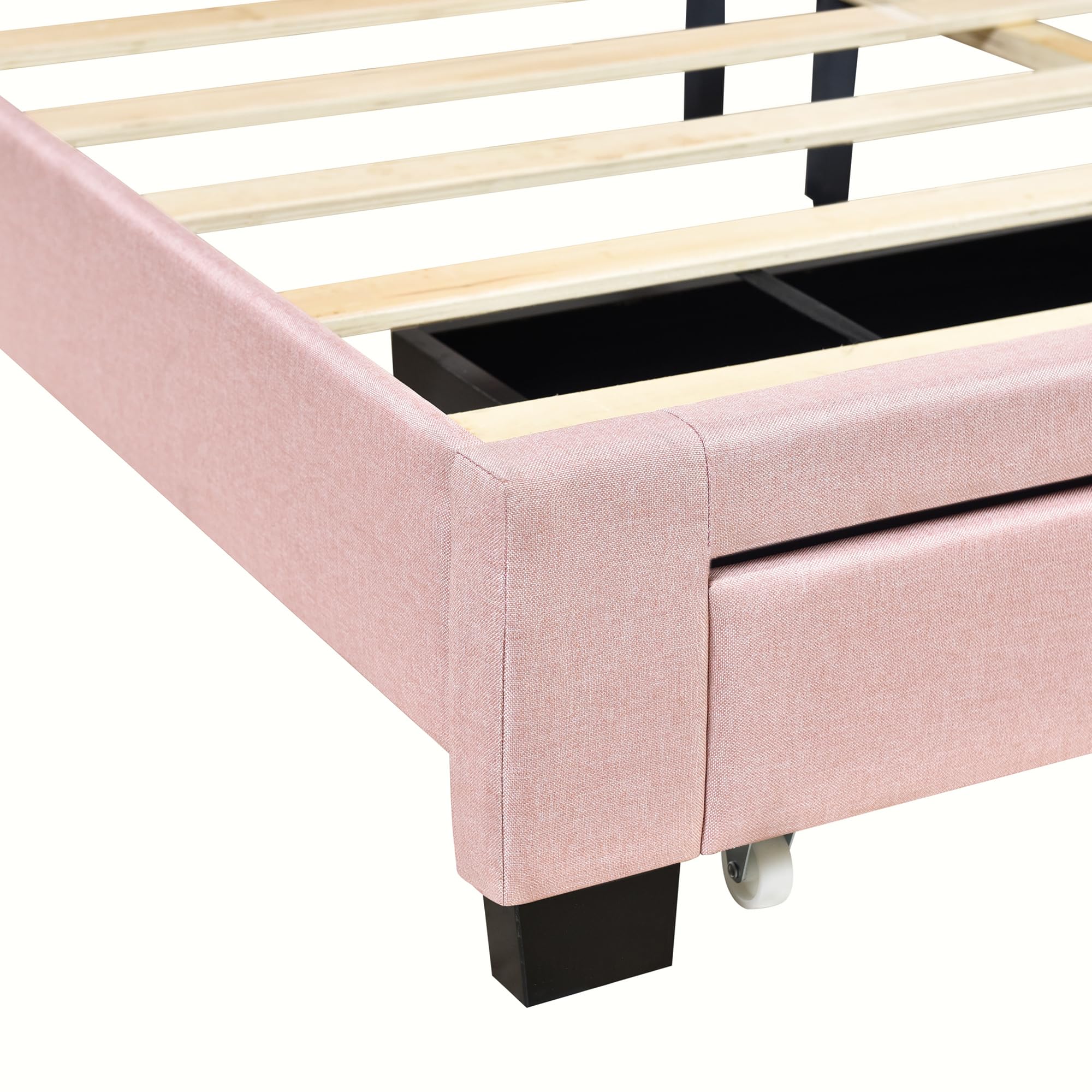 Merax Queen Size Linen Upholstered Platform Bed Frame with 2 Storage Drawers & Headboard - Pink Upholstered Bed for Teen Girls & Boys Bedroom | Modern Space-Saving Storage Solution for Small Rooms