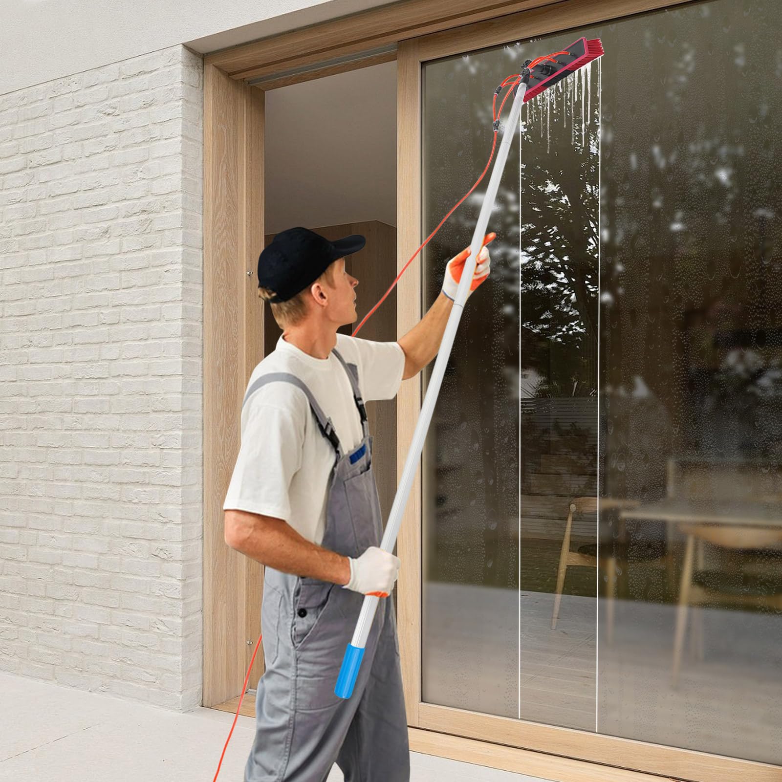 Adjustable Telescopic Water Fed Pole (1-7.4m/3.28-24.43ft) with 13.78in Short Brush & 65ft Hose - Professional Window Cleaning System for High-Rise Buildings, Solar Panels, and Hard-to-Reach Areas