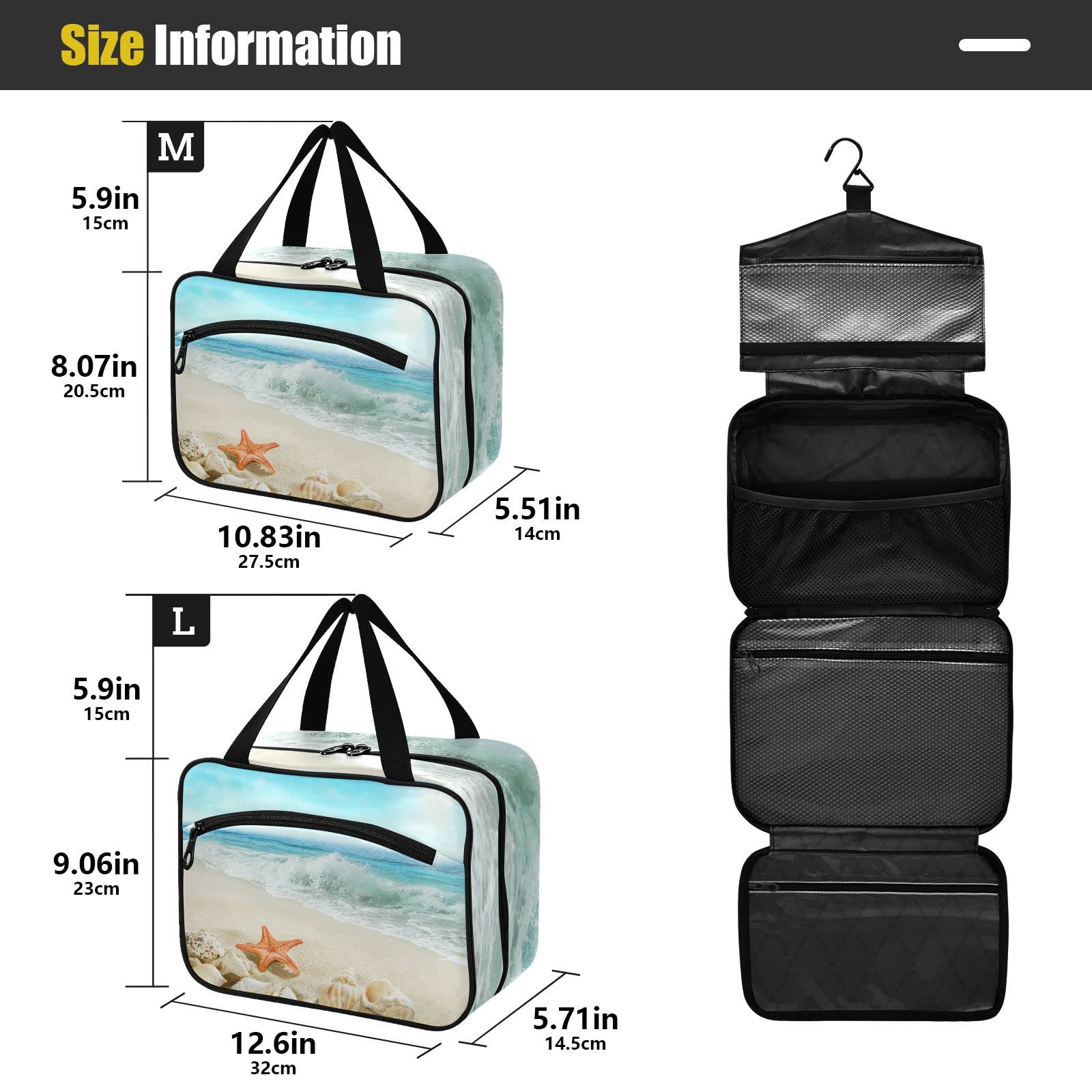Starfish Beach Travel Toiletry Bag for Women - Large Hanging Cosmetic Organizer with Hook | Perfect for Vacation, Gym & Weekend Getaways