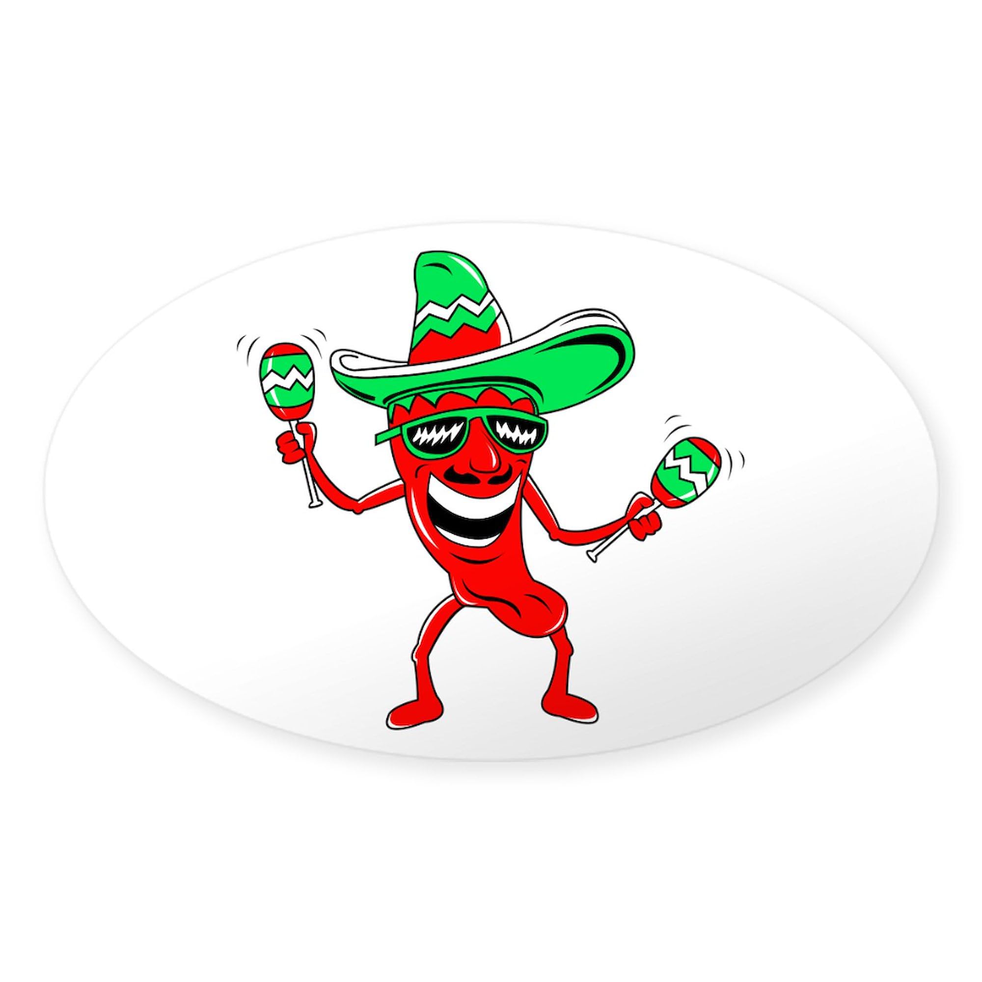 Funny Pepper Maracas Sombrero Sunglasses Sticker - Oval Car Bumper Decal for Mexican Fiesta & Cinco de Mayo Party Decorations