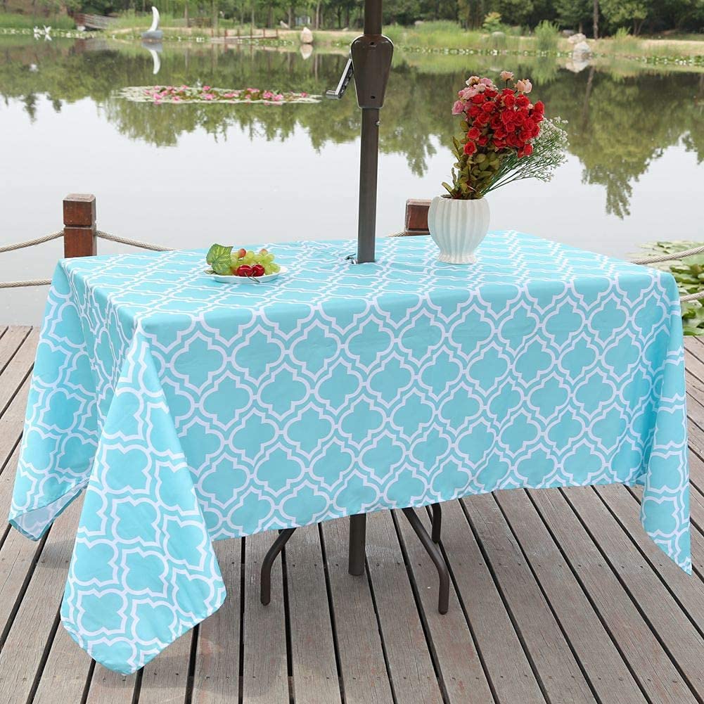 Waterproof Outdoor Tablecloth with Umbrella Hole - Spillproof Rectangle Picnic Table Cover for Patio, Camping, Spring & Summer - Aqua Blue (52x70 Inches) - Perfect for BBQs, Garden Parties & Beach Outings