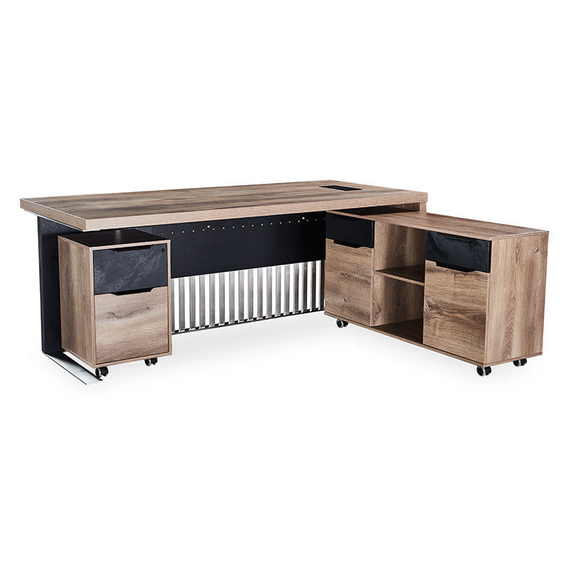 AFTAN 180cm Executive Desk with Pedestal & Right Mobile Return - Warm Oak & Black Finish - Modern Home Office Furniture for Professionals & Remote Work