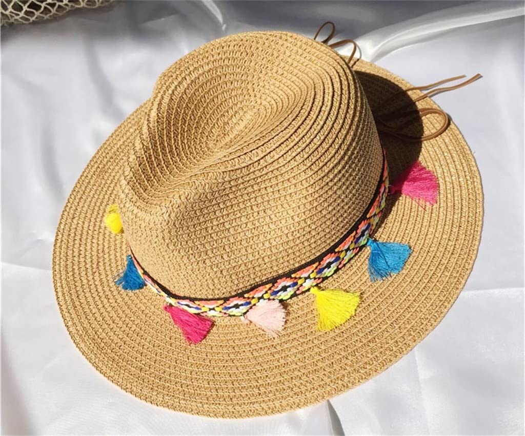 Handmade Summer Straw Cowgirl Hat for Women - Boho Ethnic Sun Hat with Tassel Decoration (56-58cm) - Perfect for Beach, Vacation & Outdoor Activities