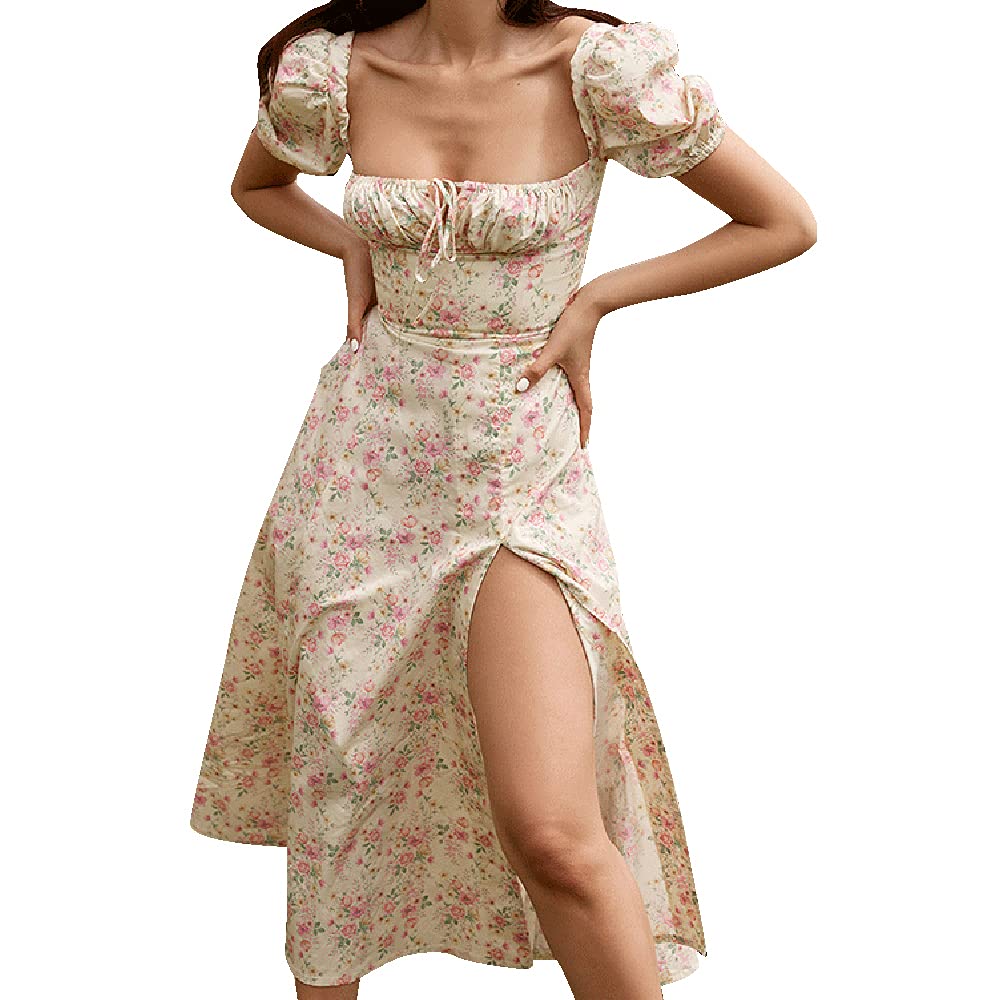 Boho Floral Wrap Maxi Dress for Women - Vintage Square Neck Summer Dress with Side Slit | Perfect for Beach Vacations, Music Festivals & Casual Outings
