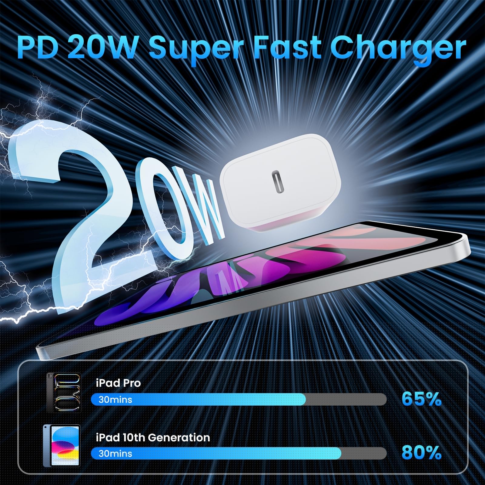 20W USB C Fast Charger 2-Pack with 10FT Long Cable - Compatible with iPad 10th/11th Gen, iPad Pro 12.9/11 inch, iPad Air 13/11 inch, iPad Mini - Perfect for Home, Office & Travel Charging Needs