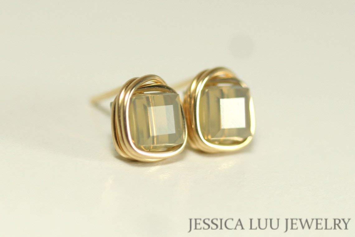 Handmade Gold Tan Stud Earrings with Sand Opal Crystals - Wire Wrapped Boho Jewelry for Women - Perfect for Daily Wear, Parties & Gifts