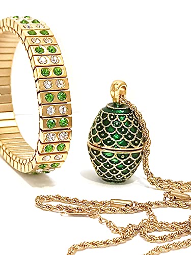 Exquisite Handmade Russian Jewelry Set - 24K Gold Green Gem Faberge Egg Necklace & Bracelet with Swarovski Diamonds | Perfect Christmas, Easter, Birthday & Anniversary Gift for Special Someone | Elegant Party Wear, Wedding Accessories & Luxury Fashion Statement
