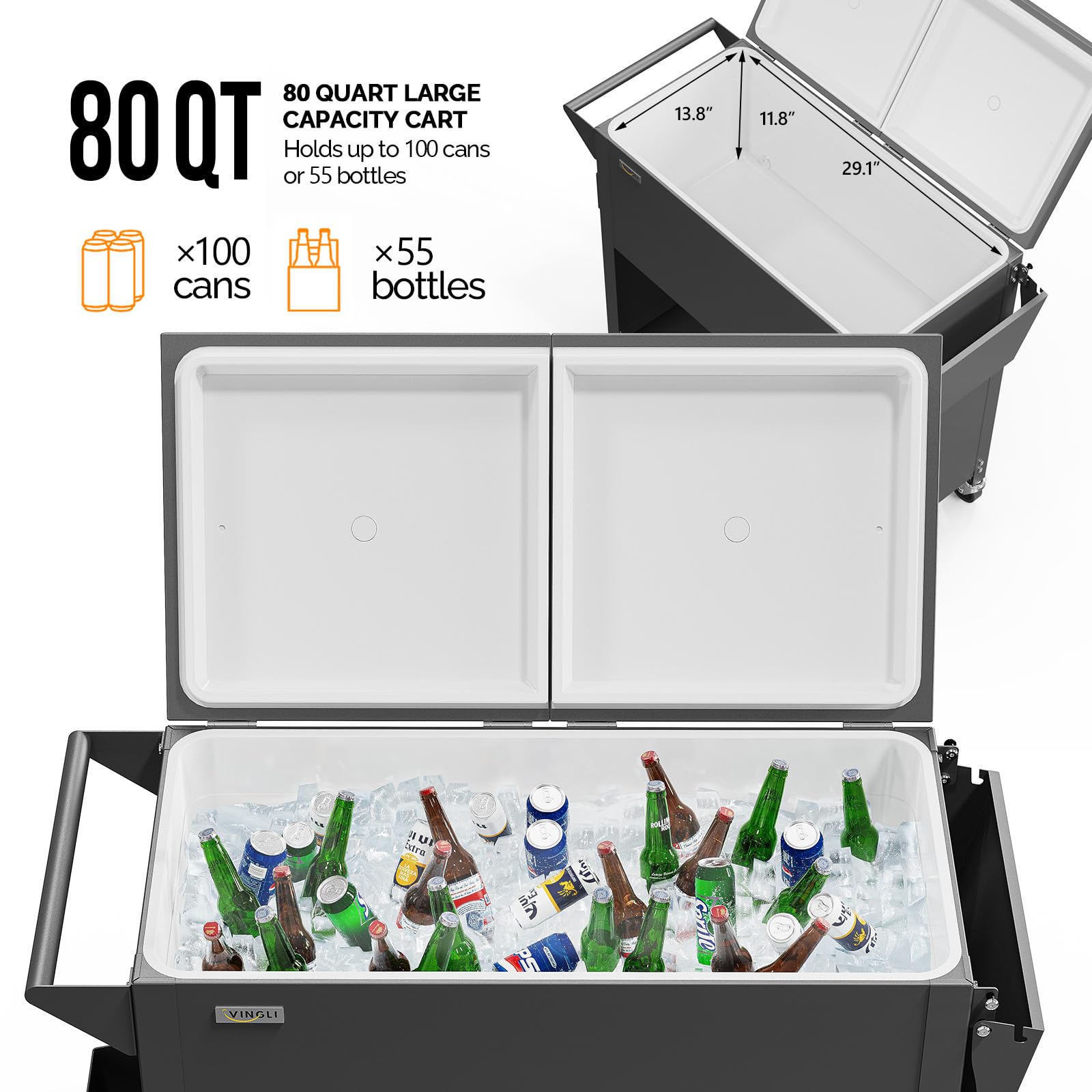 VINGLI 80 Quart Rolling Cooler with Wheels - Heavy Duty Outdoor Ice Chest for Camping, Beach, Tailgating & Parties - Includes Removable Shelf, Bottle Opener & Water Pipe - Perfect for Backyard BBQs, Poolside Drinks & Picnics