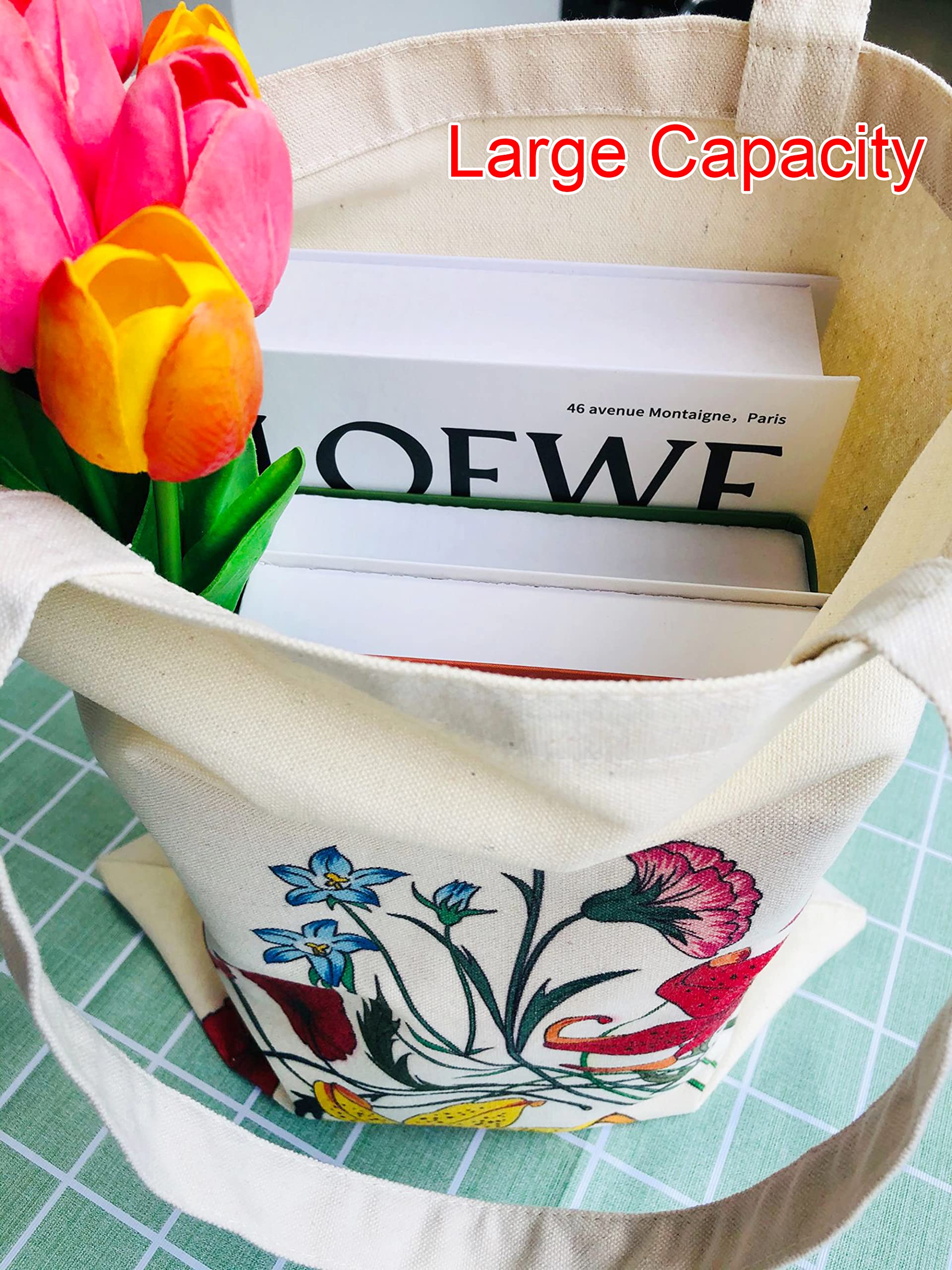 Floral Botanical Canvas Tote Bag for Women - Reusable Grocery Shopping Bag with Cute Cat Design - Perfect for Teachers, Beach Trips & Farmers Market Use