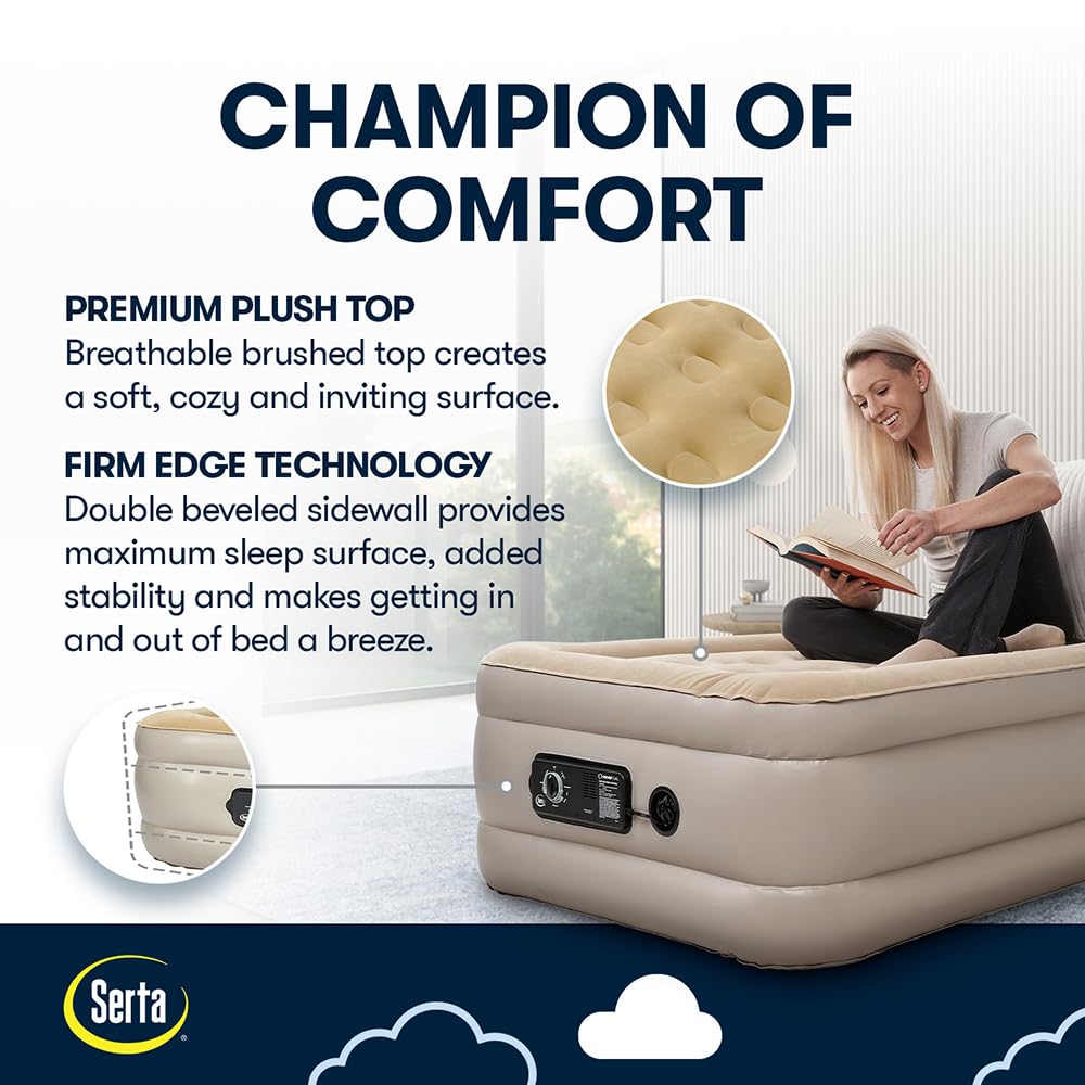 Serta Raised Air Mattress with Never Flat Pump - Luxury Inflatable Mattress with Built-in Air Pump for Comfortable Sleep | Heavy Duty Blow Up Bed with Self-Inflating Technology | Perfect for Camping, Guest Beds & Home Use