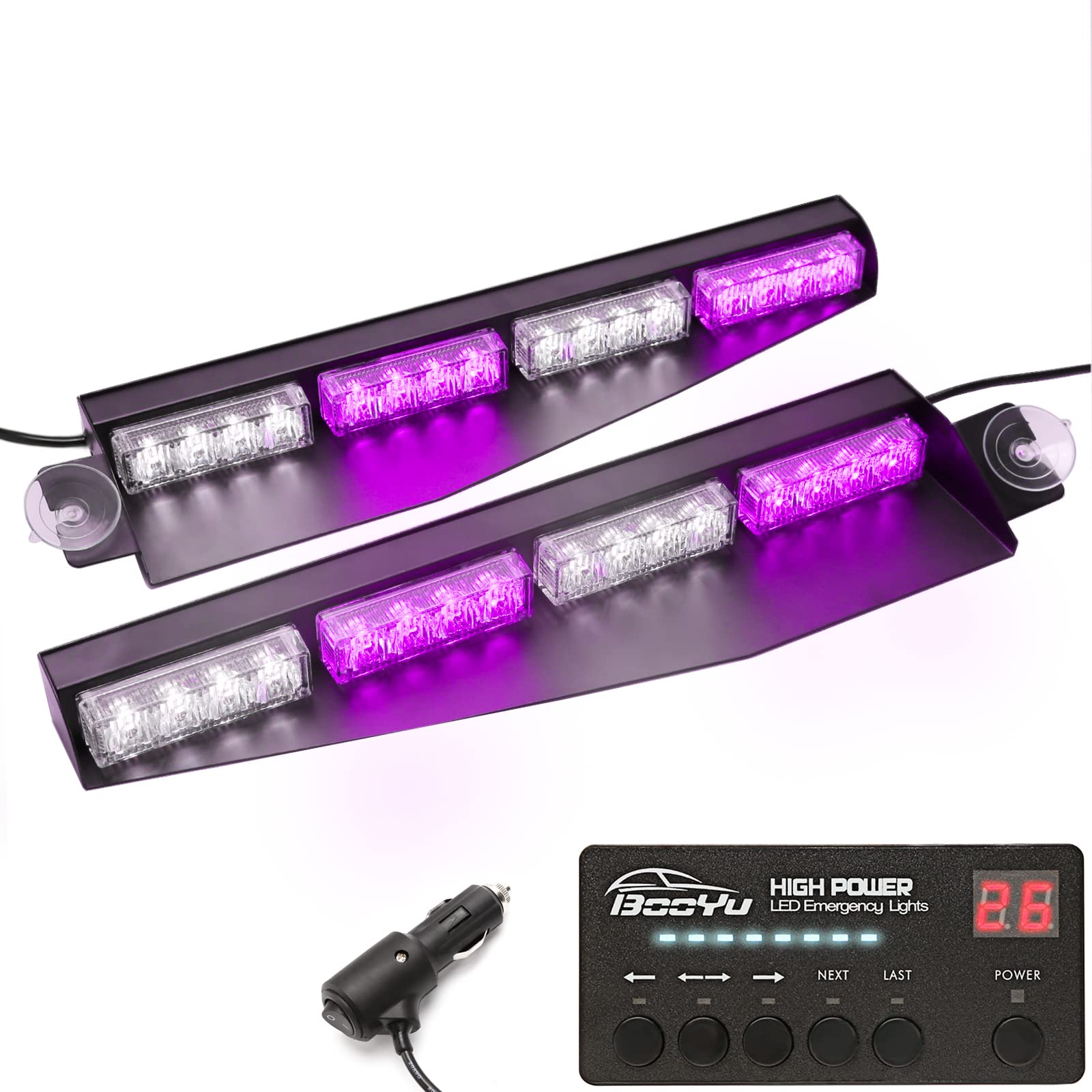 BooYu 32 LED Emergency Strobe Light Bar with Digital Display Controller - Purple/White Warning Flashing Lights for Police, Firefighter, Truck & Emergency Vehicles - Interior Windshield Dash Mount - 2W/LEDs - Ideal for Roadside Assistance, Construction Zones & Nighttime Safety Operations
