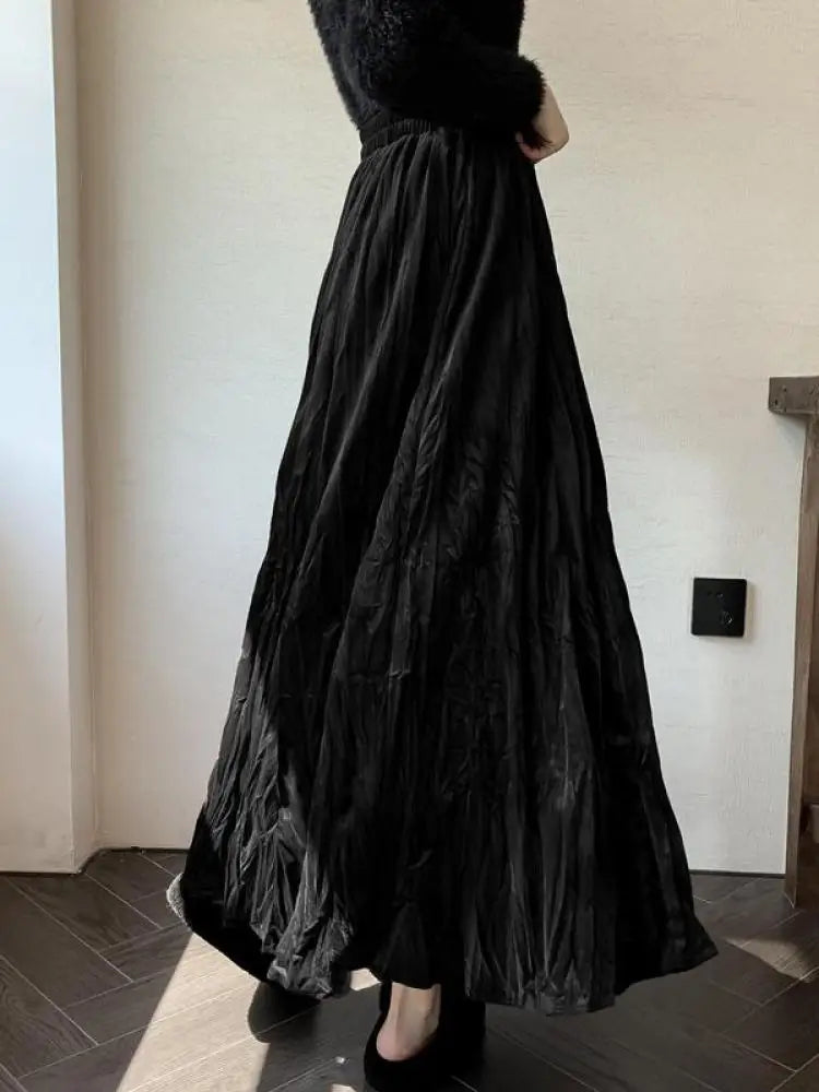 Women's High Waist Velvet Pleated Long Skirt - Black, Red & Brown Korean Style Elastic Waistband for Autumn Winter | Elegant Party, Vacation & Office Wear