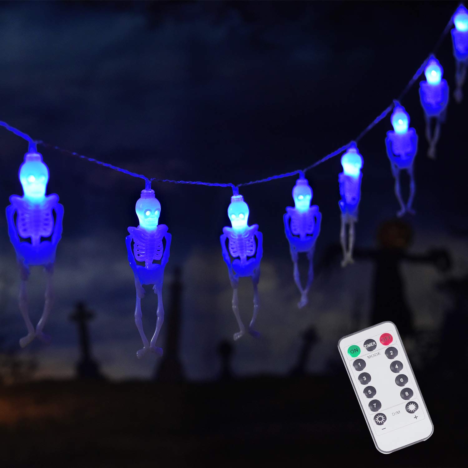 Amadecohome 15 LED Halloween Skull String Lights - Remote, 8 Modes for Party & Patio Decor
