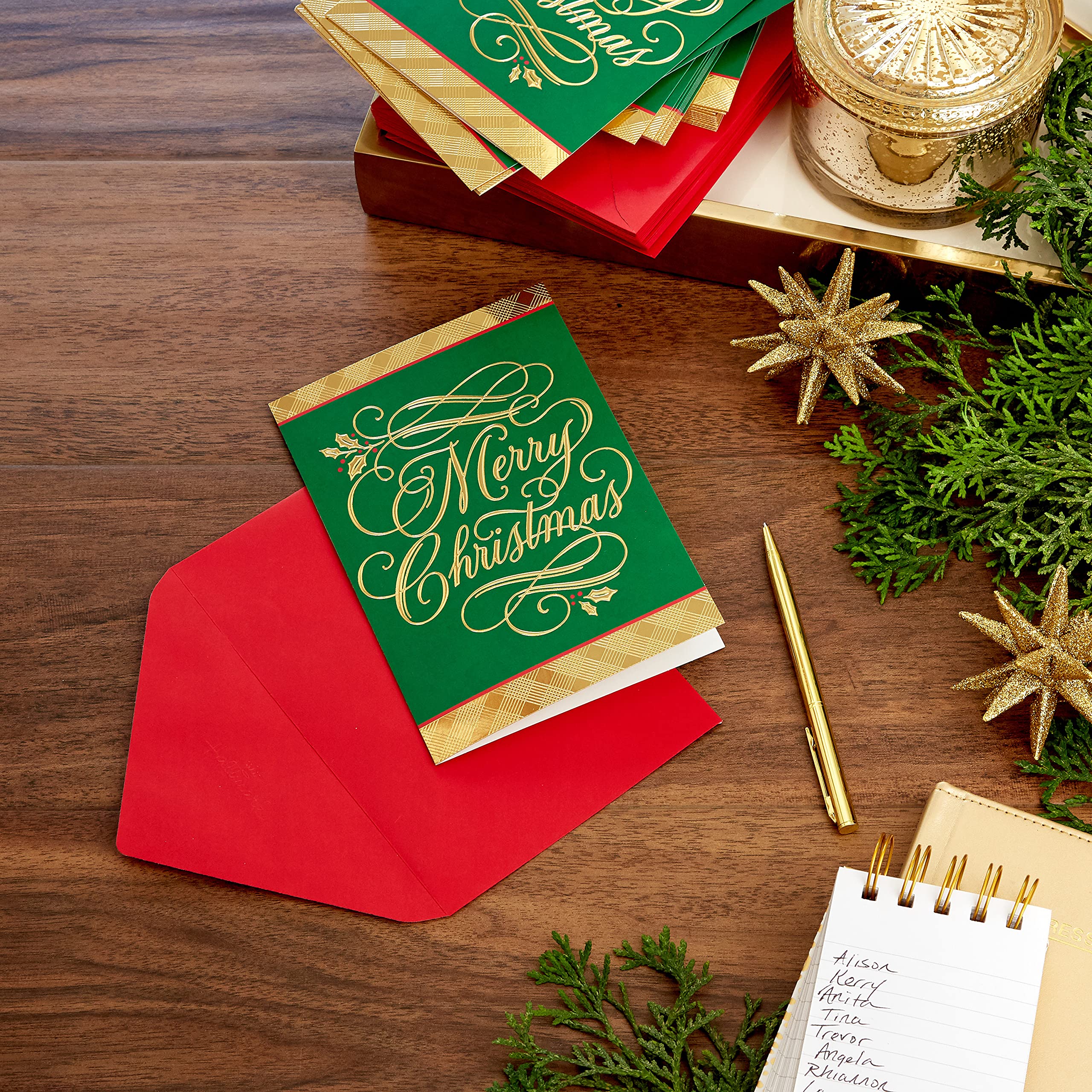 Hallmark Boxed Christmas Cards - 40 Green and Gold Holiday Greeting Cards with Envelopes | Perfect for Family, Friends & Office Holiday Wishes