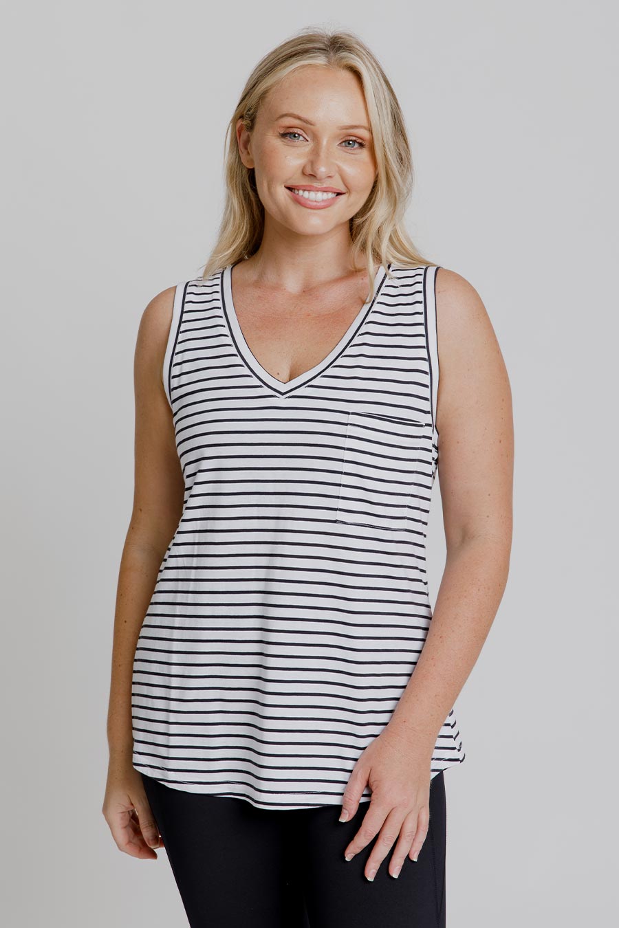 Pocket Tank Top - Black Stripe | Women's Casual Sleeveless Shirt | Perfect for Summer, Gym, and Layering