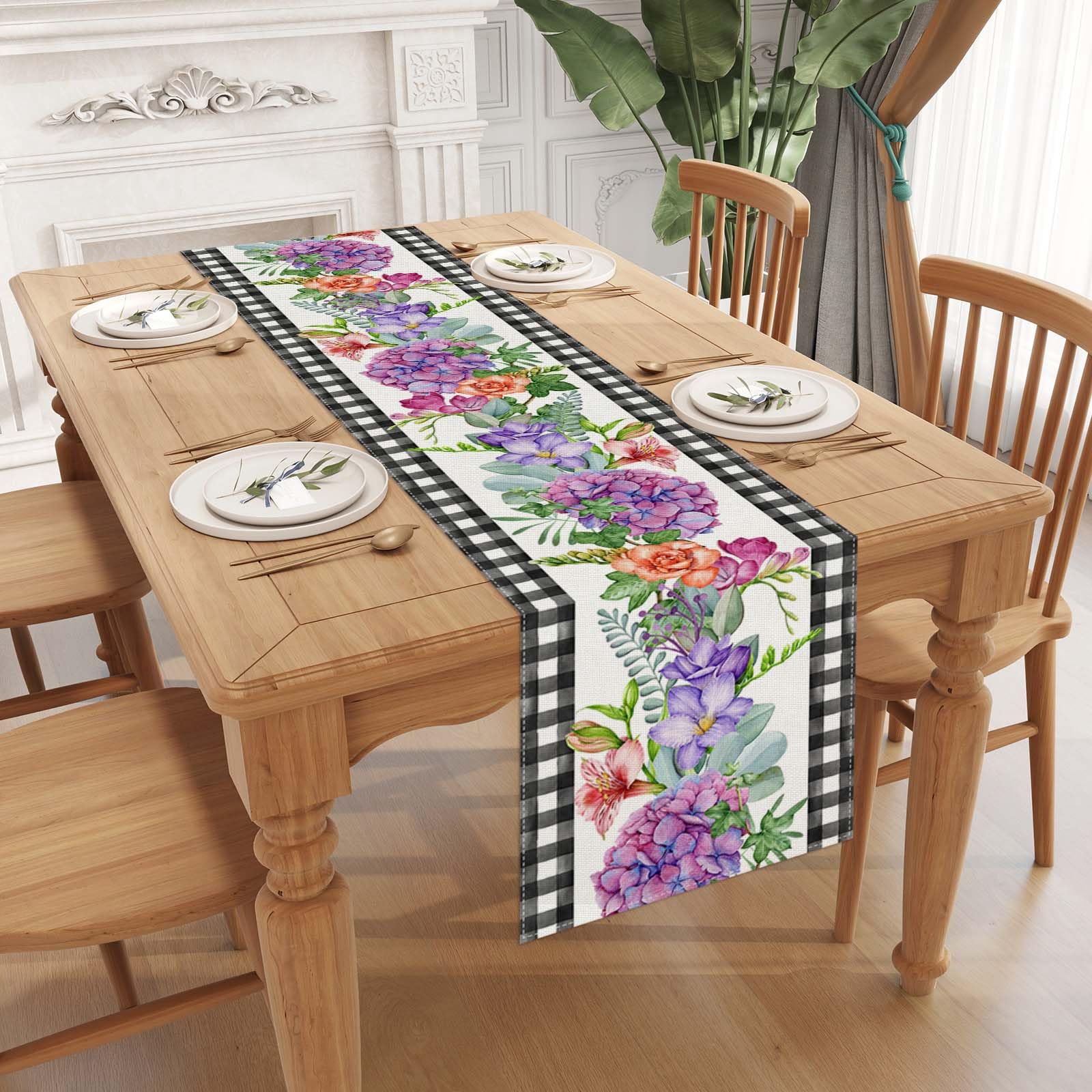 Jiudungs 72 Inch Linen Black and White Buffalo Check Plaid Table Runner - Spring Farmhouse Decor for Easter, Dining Table, Wedding, and Home Decoration
