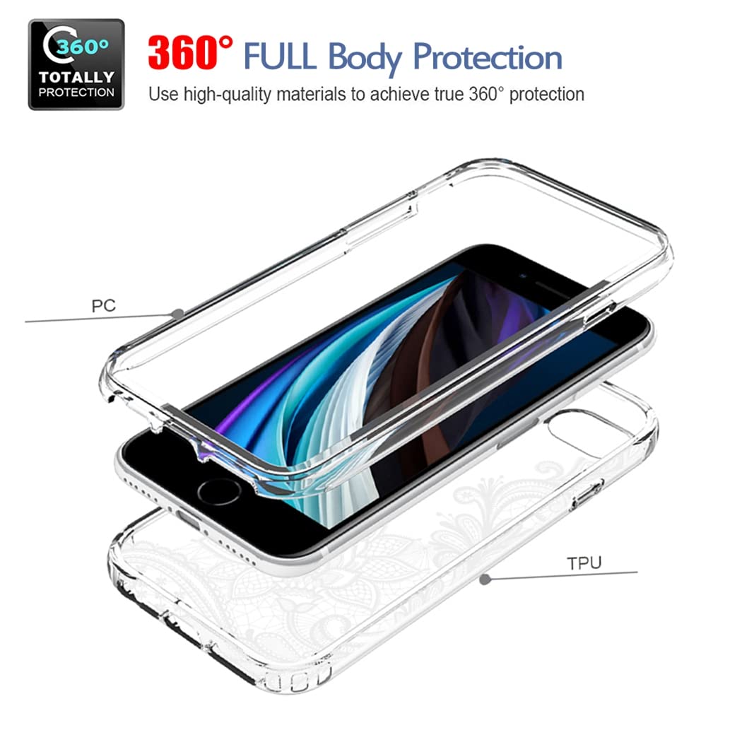 Premium Clear Mandala Phone Case for iPhone SE 2022/SE3/SE 2020/7/8 with Tempered Glass Screen Protector | Full Body Protective Cover | Perfect for Everyday Use, Travel & Gift Giving