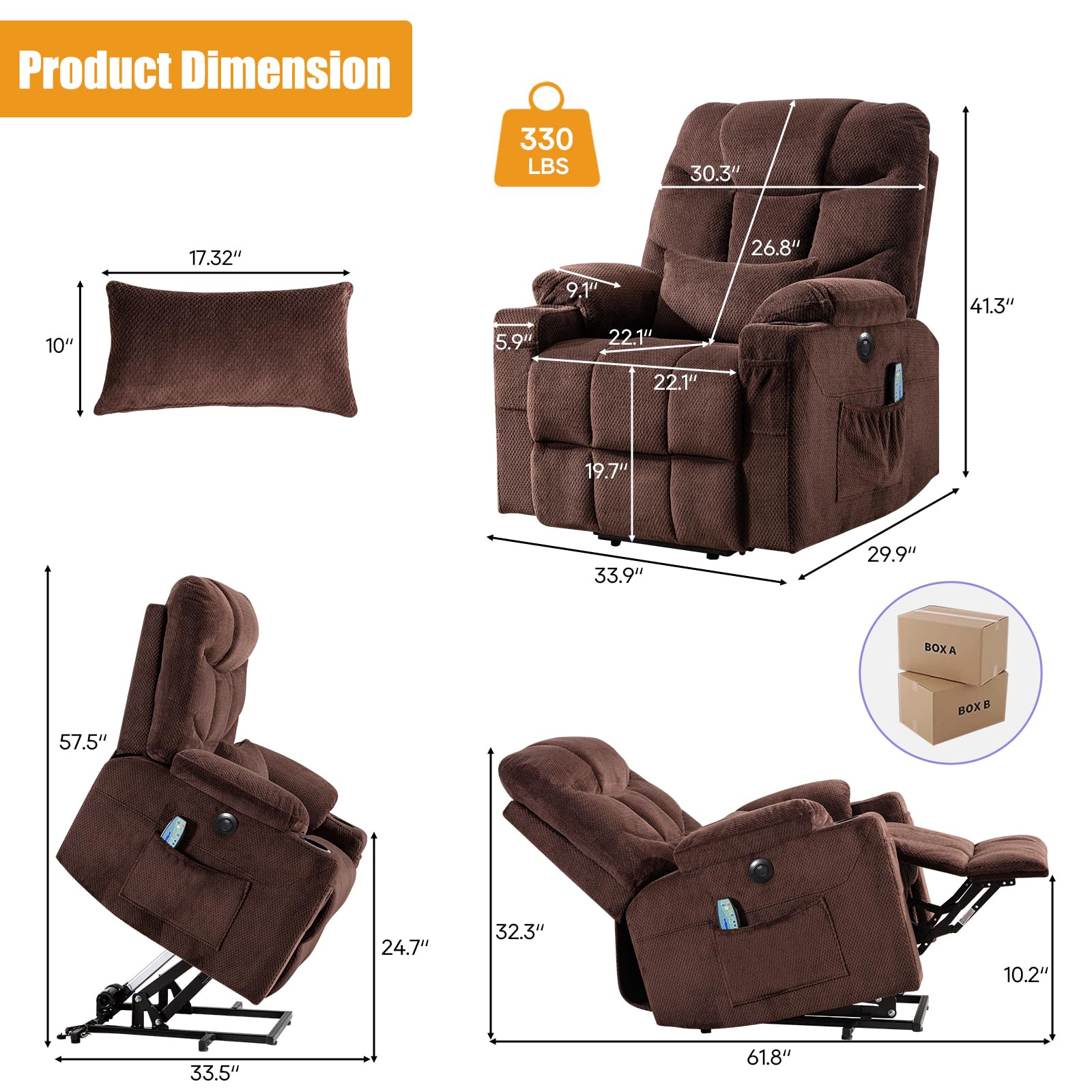 **Heavy Duty Power Lift Recliner Chair with Heat & Massage - Infinite Position Adjustable, USB-A & C Ports, Cup Holder - Elderly Lift Chair for Living Room, Bedroom & Recovery**