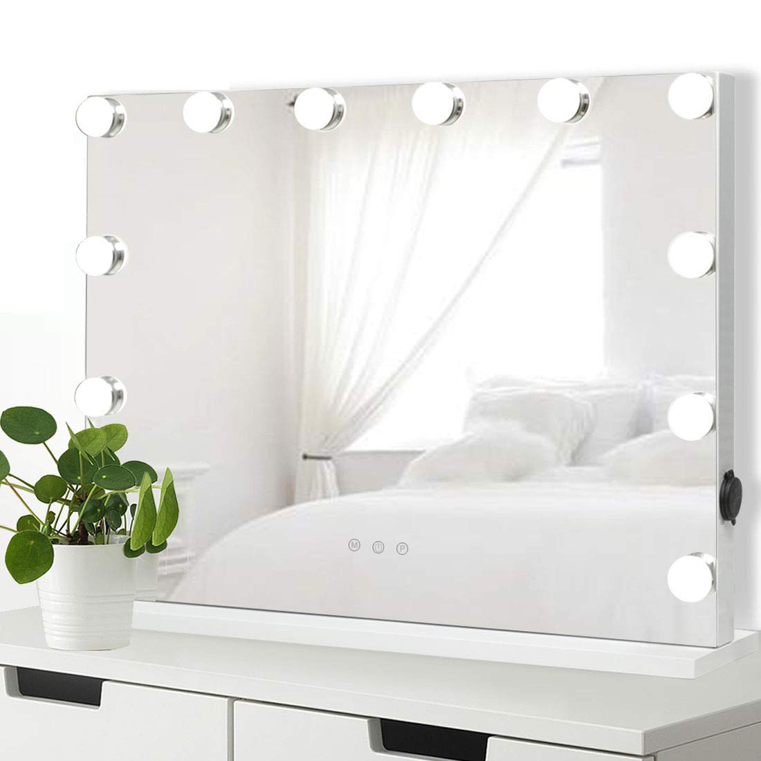 iCREAT Hollywood Vanity Makeup Mirror with LED Lights - 3 Color Modes, Smart Touch Control, 12 Dimmable Bulbs & USB Outlet - Frameless Tabletop Cosmetic Mirror for Professional Makeup Application, Home Dressing Room & Beauty Salon (Off-White)