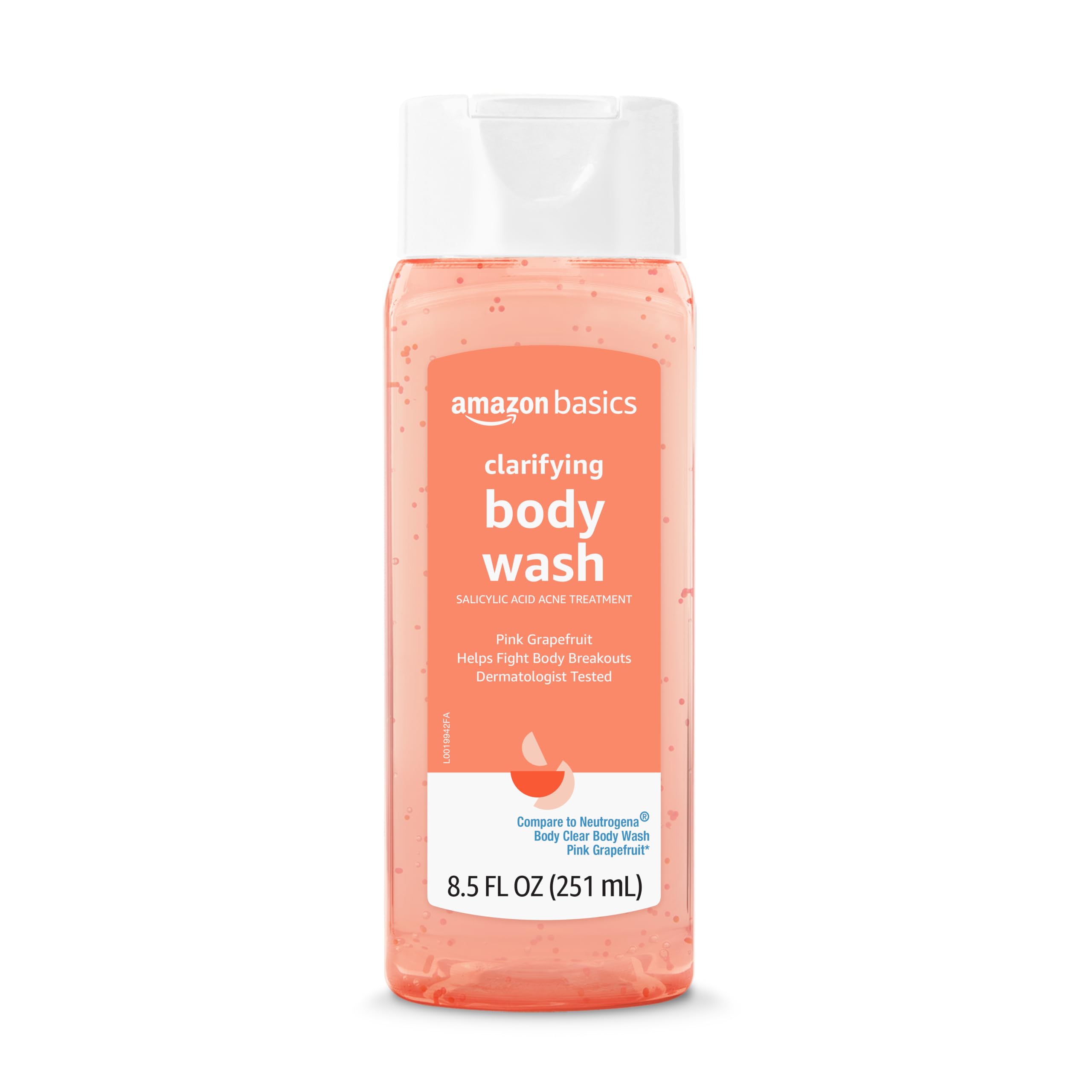 Amazon Basics Clarifying Pink Grapefruit Body Wash with 2% Salicylic Acid - Acne Treatment & Exfoliating Body Wash for Clear Skin - Dermatologist Tested, 8.5 Fl Oz (Pack of 4) - Perfect for Daily Shower & Post-Workout Skincare Routine