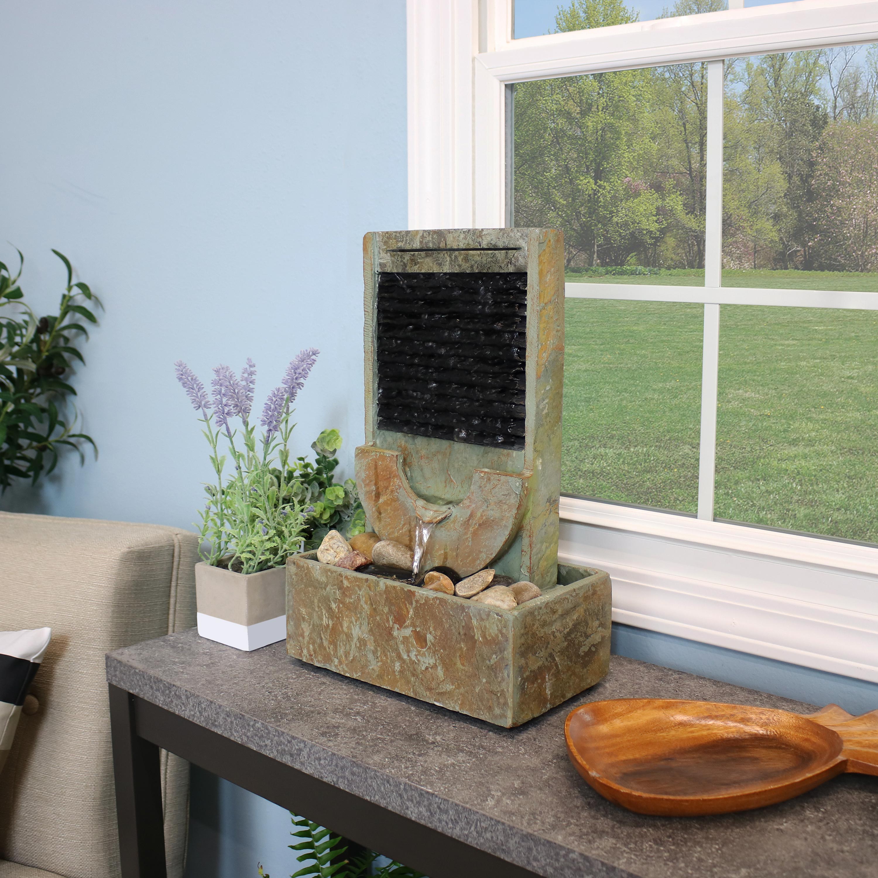 16 Inch Sunnydaze Half Moon Slate Indoor Water Fountain - Relaxing Home Decor for Living Room, Bedroom & Office
