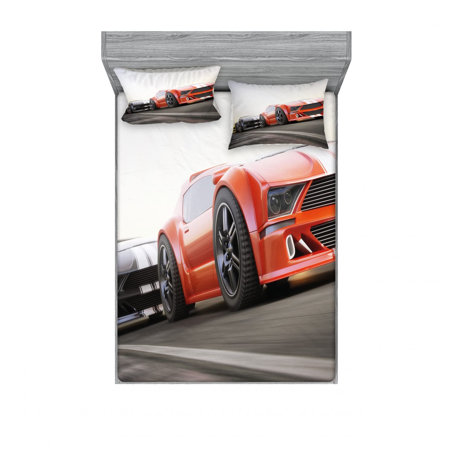 Ambesonne 2-Pack Full Size Fitted Sheet & Pillow Sham Set - Sports Car Racing Theme Bedding (Red & Grey) - Includes 2 Fitted Sheets & 4 Pillow Covers - Perfect for Boys' Room, Teen Bedroom & Race Car Enthusiasts