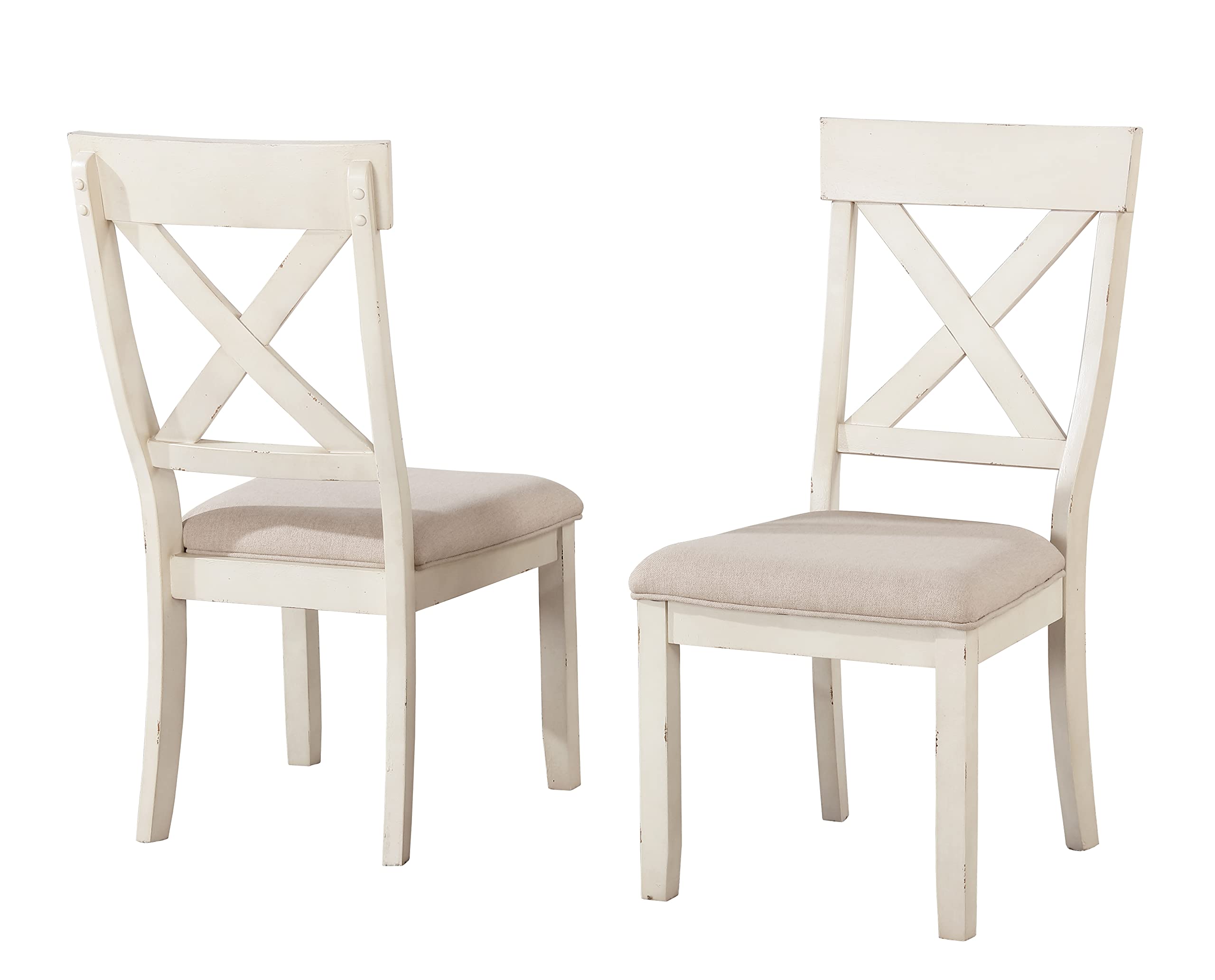 Roundhill Furniture Prato Wood Cross Back Upholstered Dining Chairs Set of 2 - Antique White & Tan - Modern Farmhouse Style for Kitchen, Dining Room & Restaurant