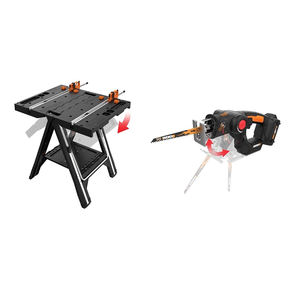 WORX WX051 Pegasus Multi-Function Workbench & Sawhorse with Quick Clamps, Holding Pegs - Folding Work Table for Woodworking, DIY Projects | Compatible with AXIS 2-in-1 Reciprocating Saw & Jigsaw with Orbital Mode | Perfect for Home Workshops, Construction Sites & Garage Organization